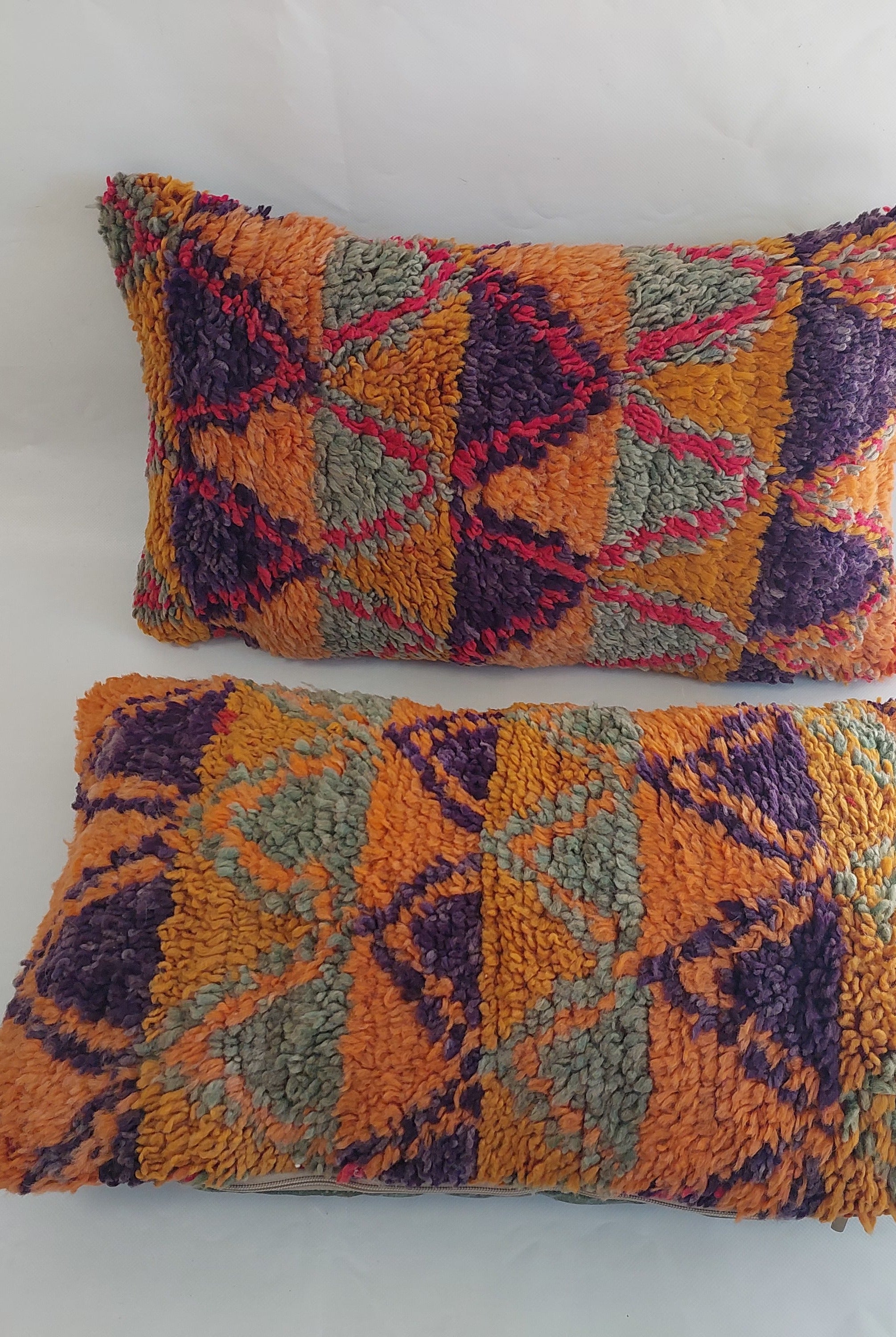 Aït Bou Ichaouen Moroccan Pillow - Handmade Berber Wool Cushion 14x24 - Vintage Colorful Boho Lumbar Pillow - Authentic Tribal Moroccan Deco MoroccanBazzArts