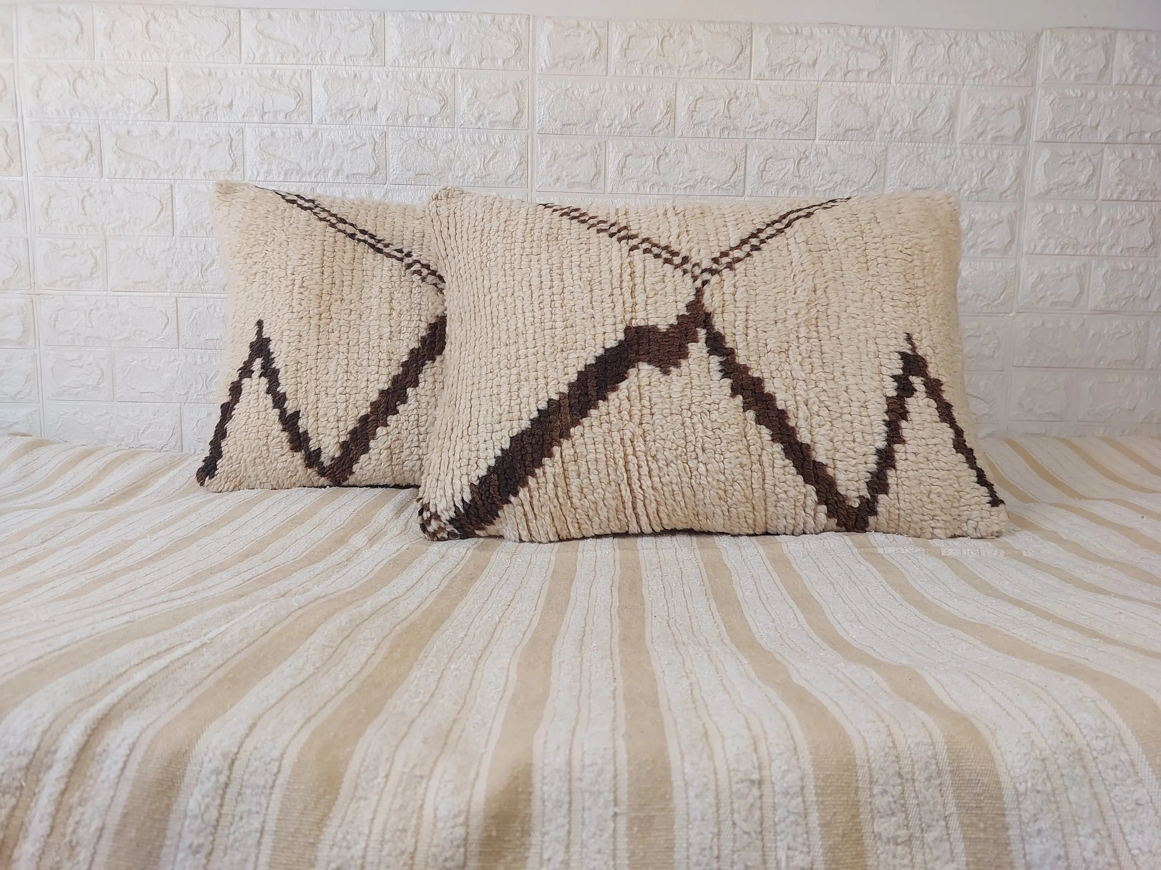 Two patterned pillows on a bed with a textured wall background