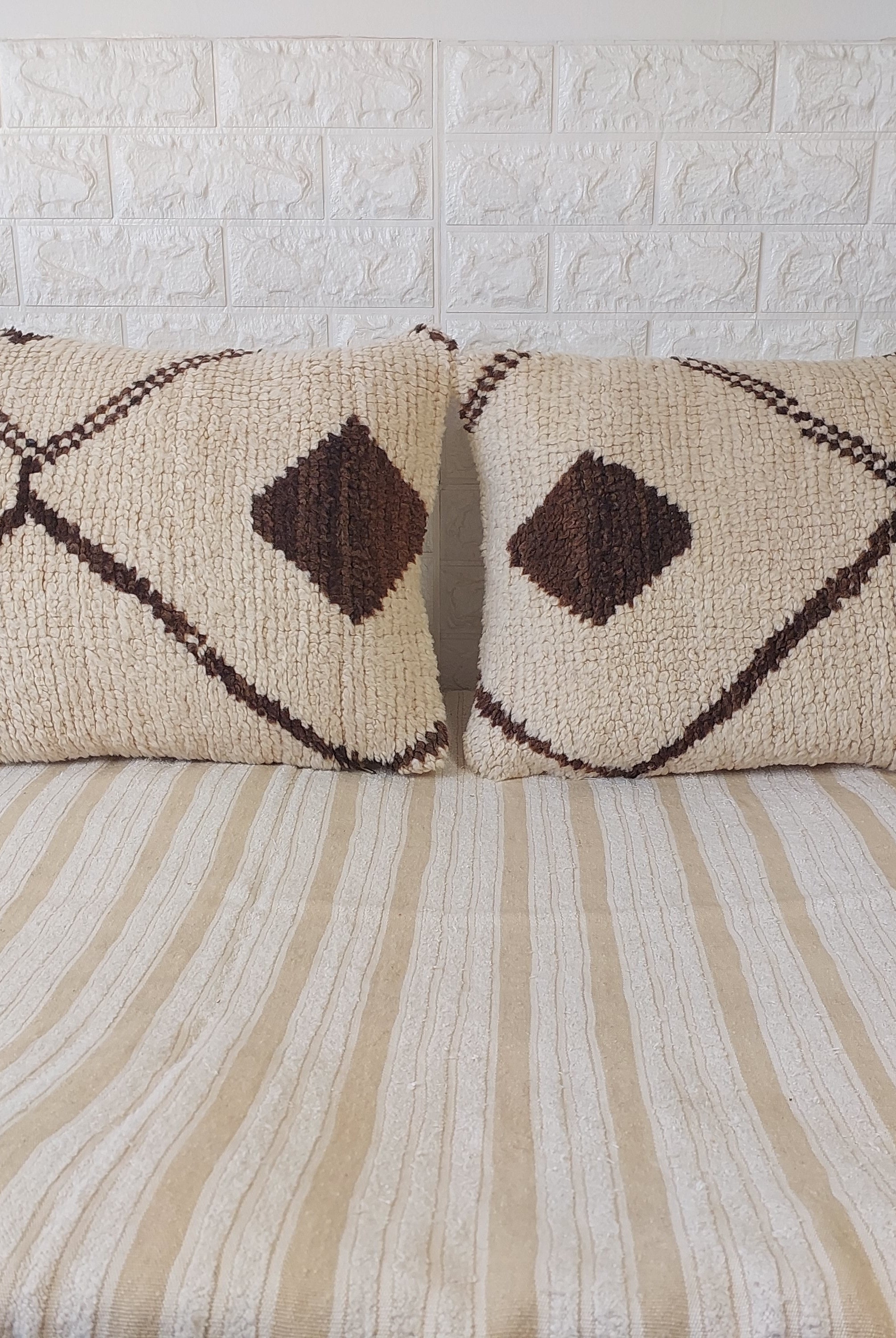 Set of 2 Vintage Azilal Moroccan Rug Pillows | 40x60 cm Ivory & Brown Undyed Wool Cushion Covers | Authentic Boho Lumbar Pillow Covers MoroccanBazzArts