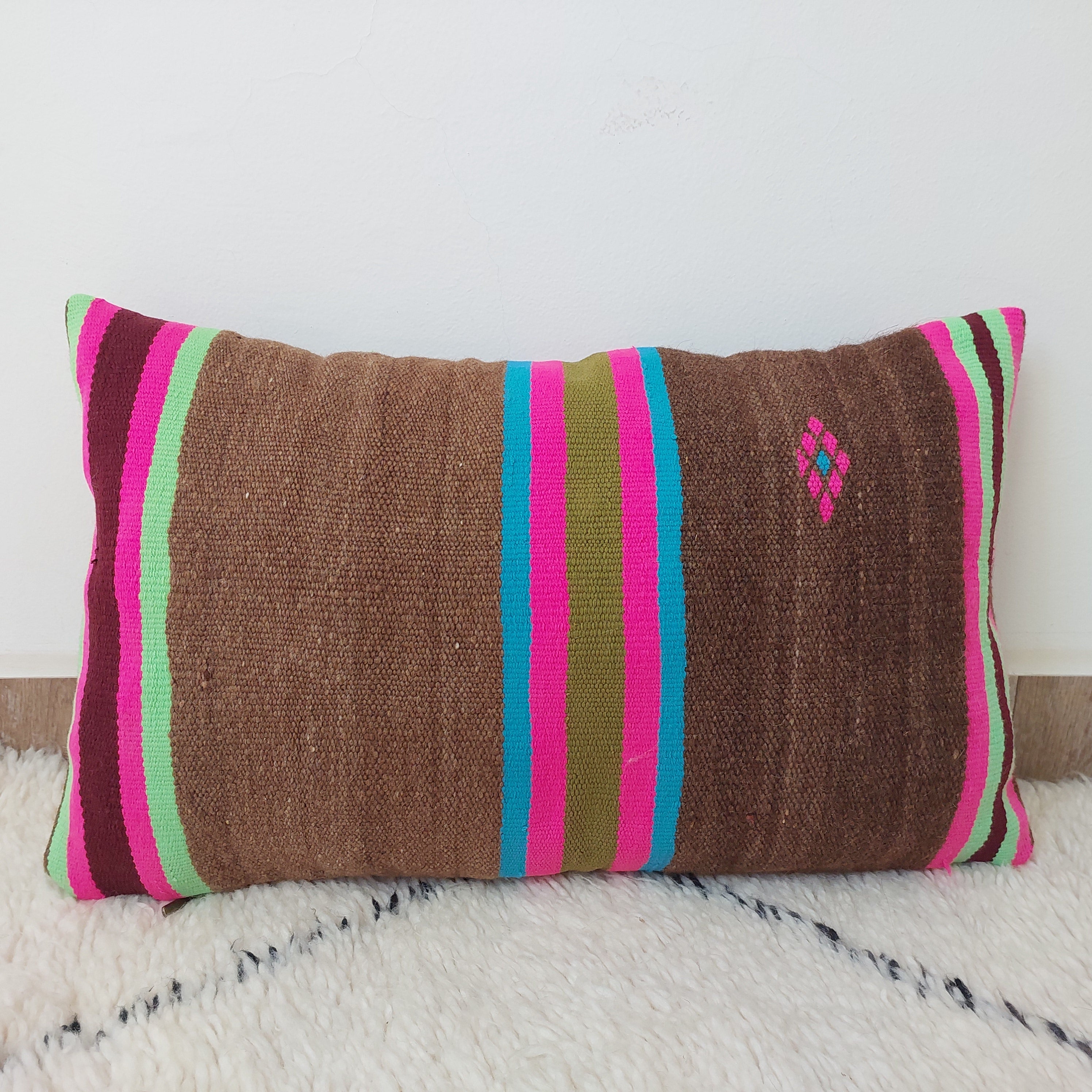 Set of 3 Vintage Boujaad Kilim Lumbar Pillow Covers 38x60 cm | Handwoven Brown Wool MoroccanBazzArts