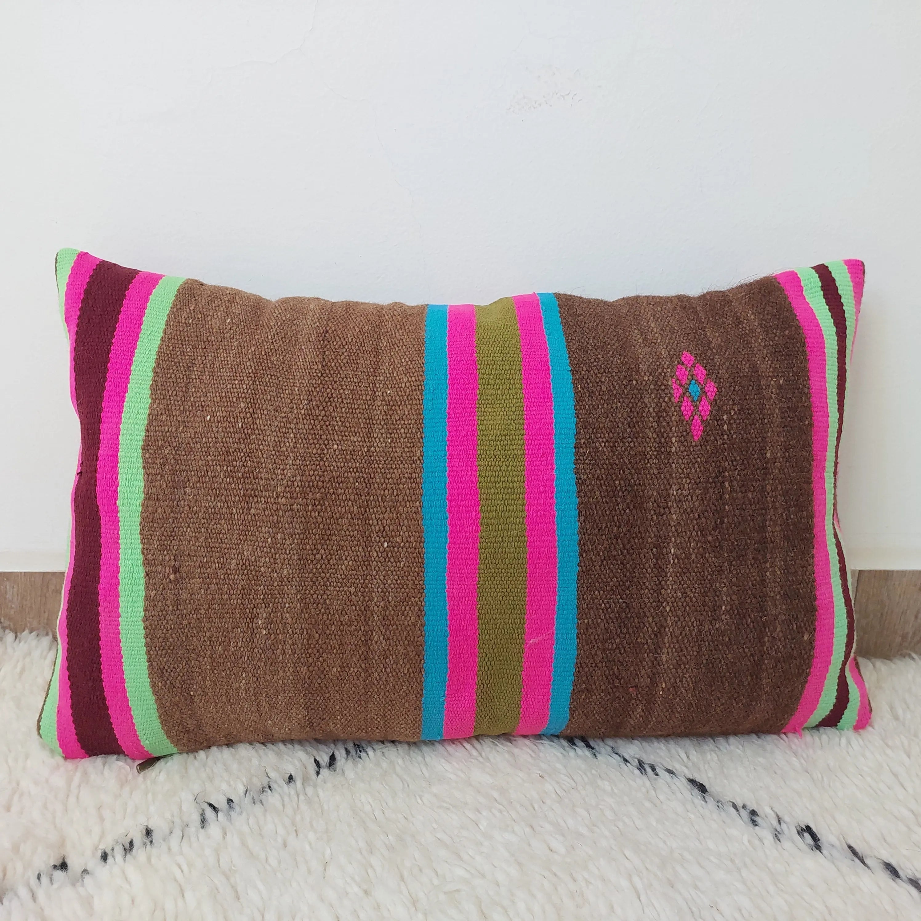 Set of 3 Vintage Boujaad Kilim Lumbar Pillow Covers 38x60 cm | Handwoven Brown Wool MoroccanBazzArts