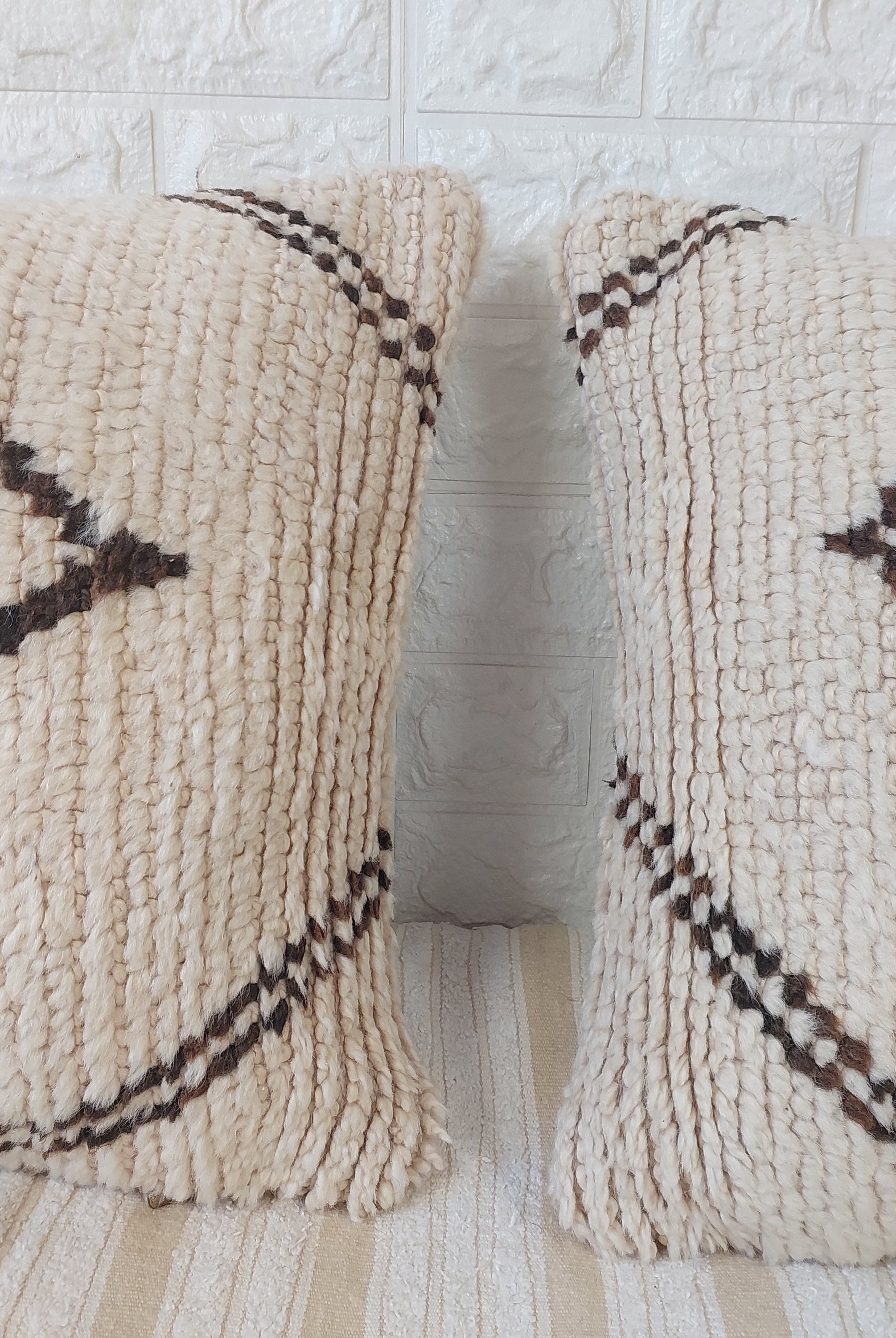 Set of 2 Vintage Azilal Moroccan Rug Pillows | 40x60 cm Ivory & Brown Undyed Wool Cushion Covers | Authentic Boho Lumbar Pillow Covers MoroccanBazzArts
