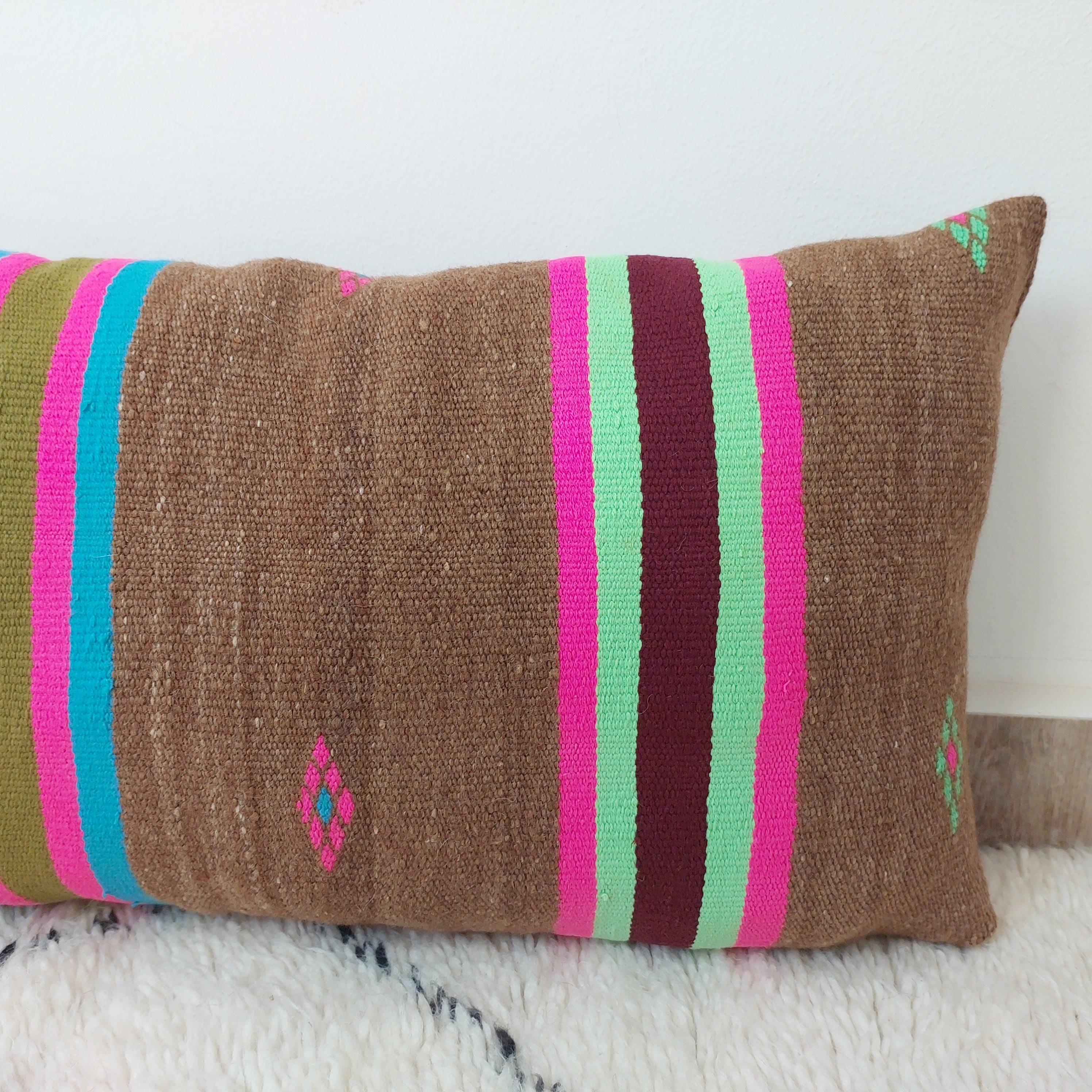Set of 3 Vintage Boujaad Kilim Lumbar Pillow Covers 38x60 cm | Handwoven Brown Wool MoroccanBazzArts