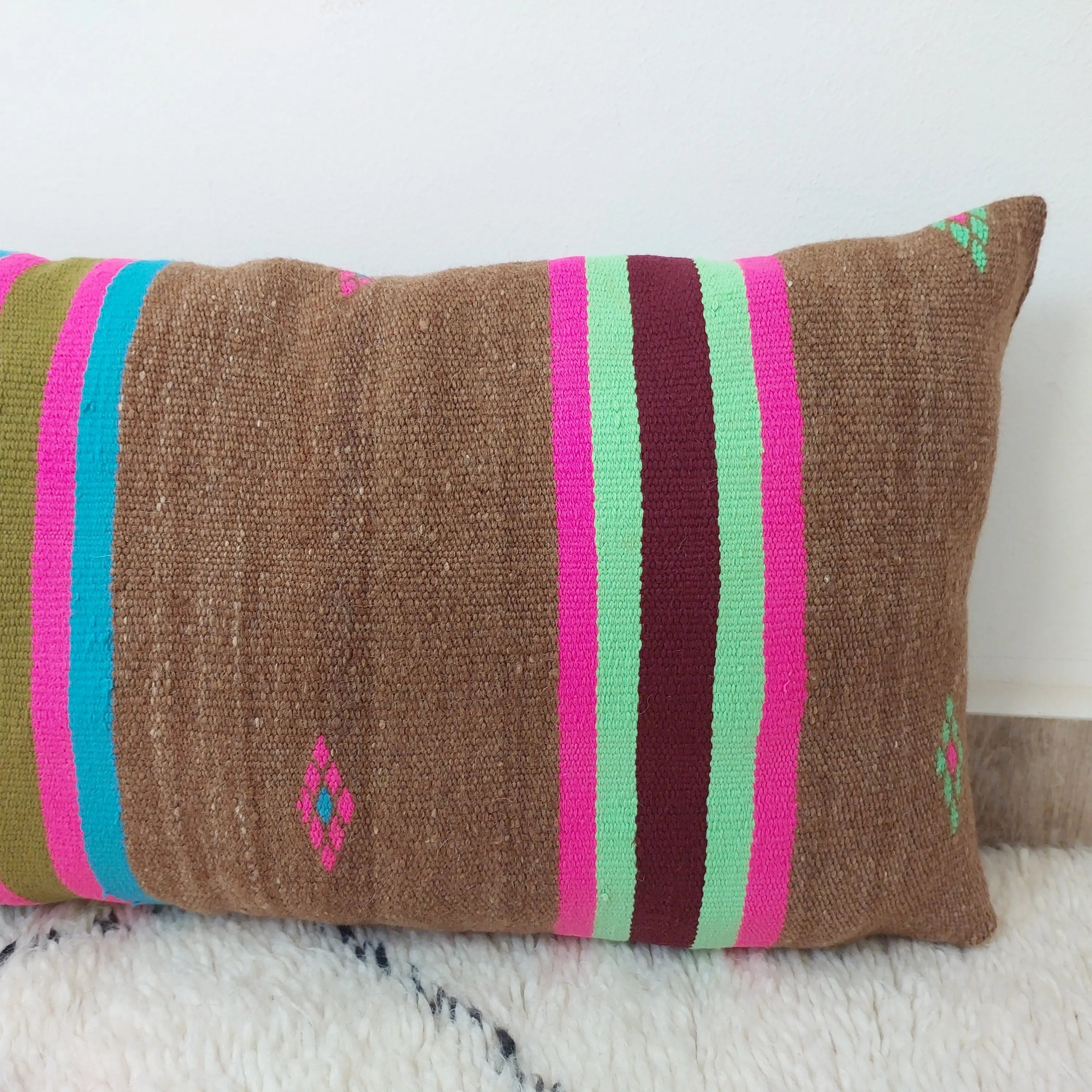 Set of 3 Vintage Boujaad Kilim Lumbar Pillow Covers 38x60 cm | Handwoven Brown Wool MoroccanBazzArts