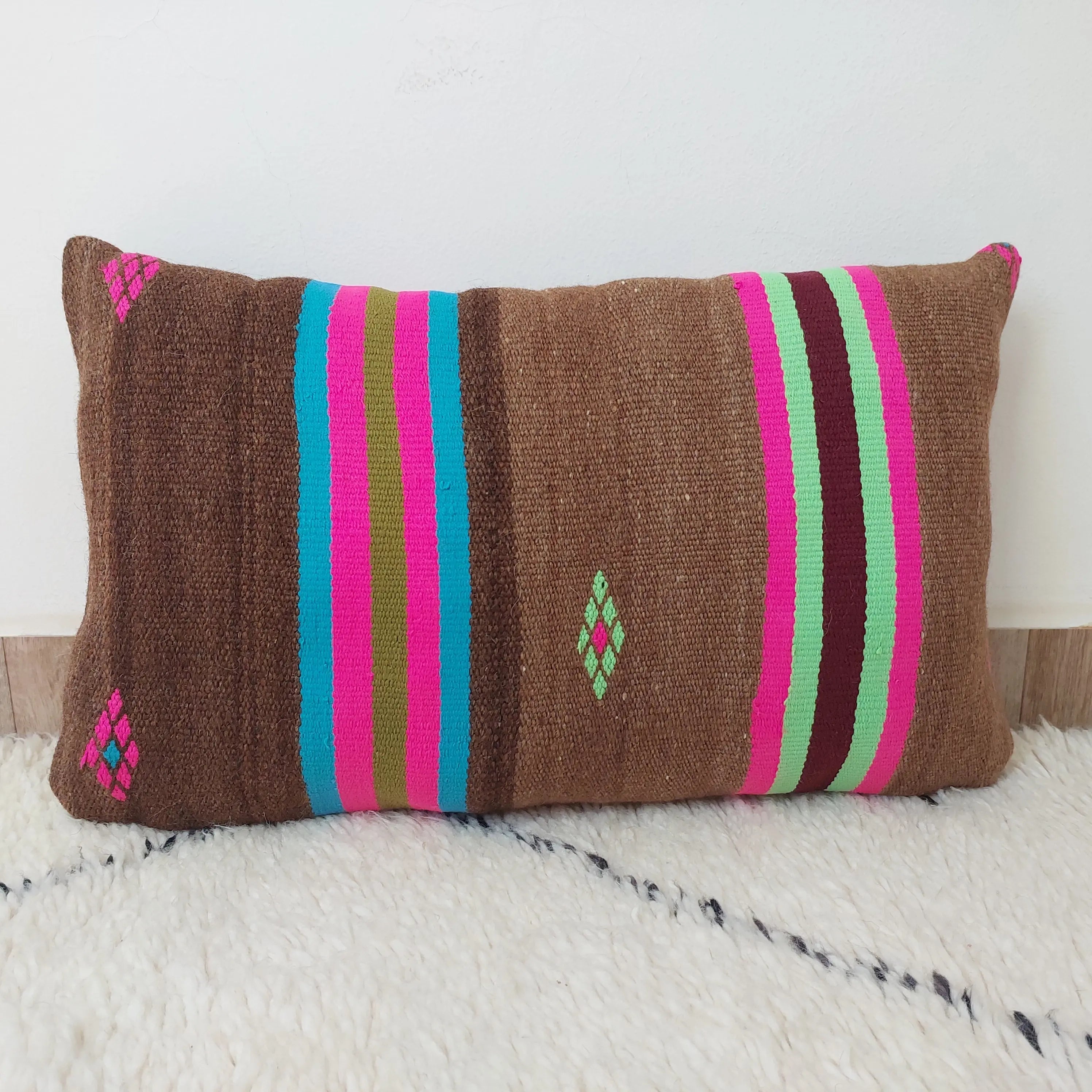 Set of 3 Vintage Boujaad Kilim Lumbar Pillow Covers 38x60 cm | Handwoven Brown Wool MoroccanBazzArts