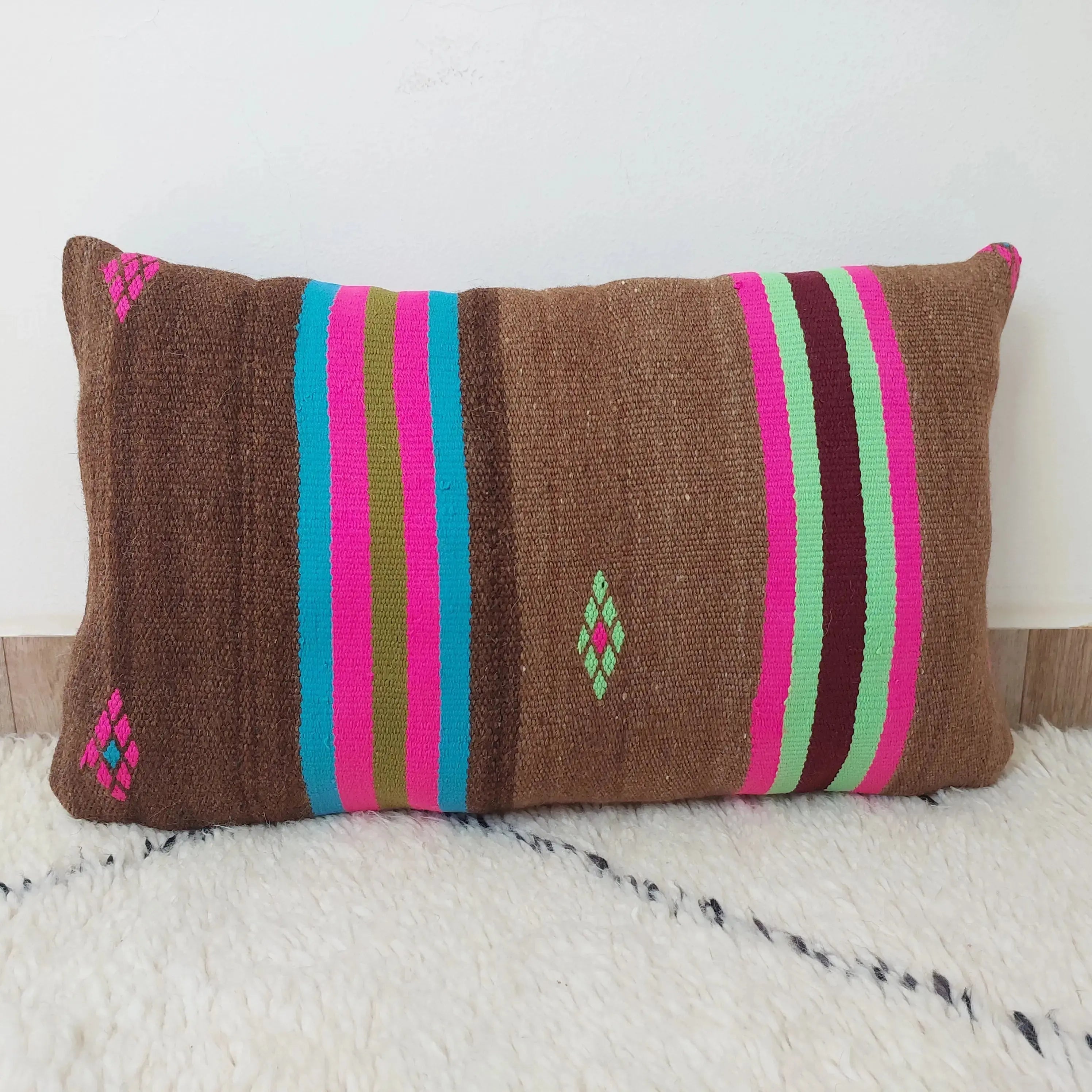 Set of 3 Vintage Boujaad Kilim Lumbar Pillow Covers 38x60 cm | Handwoven Brown Wool MoroccanBazzArts