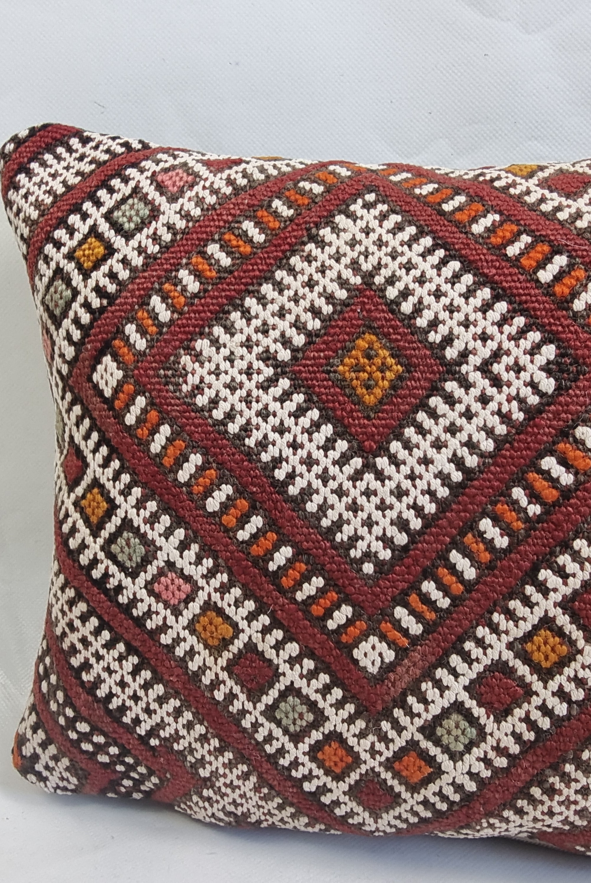 Authentic Moroccan Kilim Lumbar Pillow Cover 12x22" | Burgundy Geometric Boho Cushion | Handwoven Berber Tribal Throw Pillow 32x58cm MoroccanBazzArts