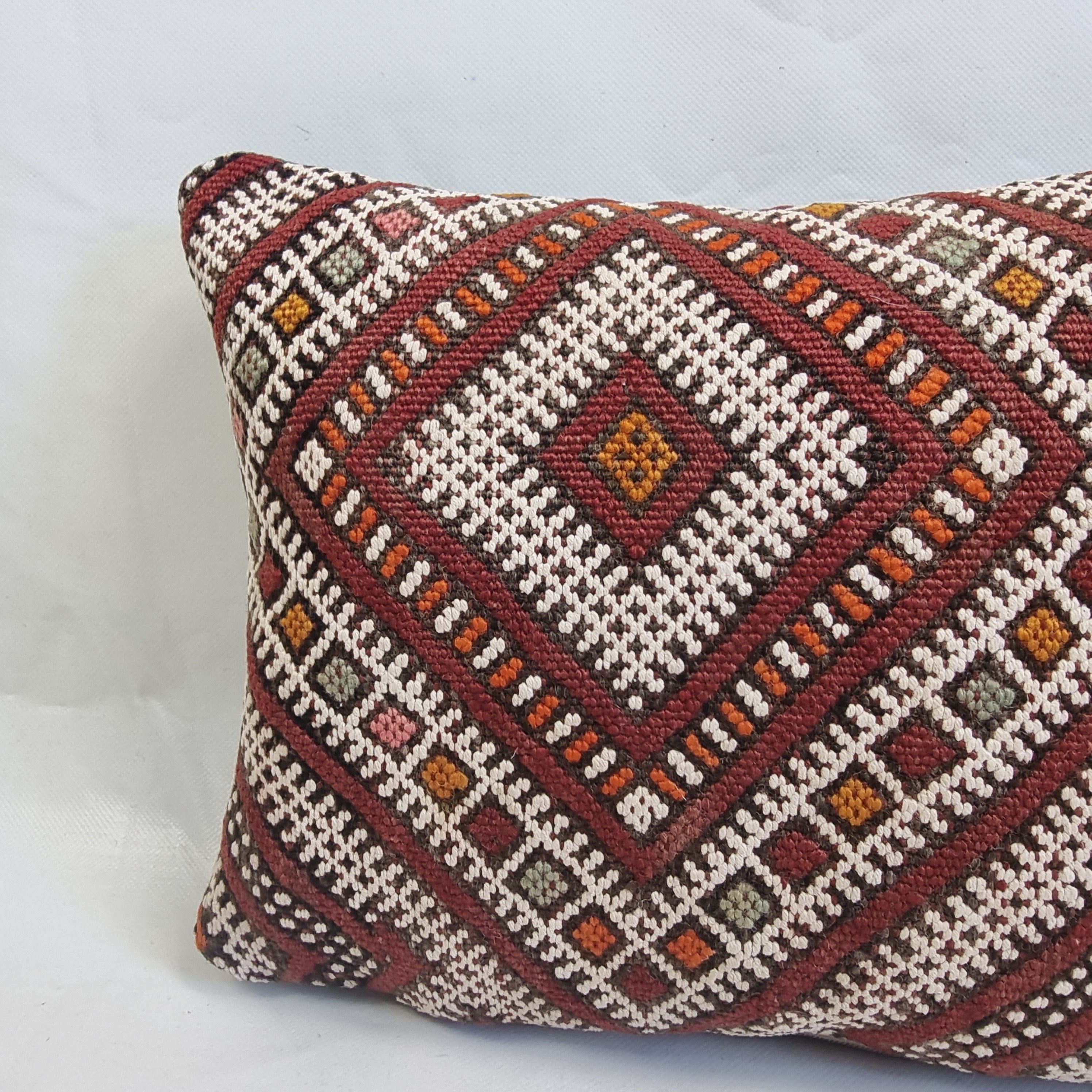 Authentic Moroccan Kilim Lumbar Pillow Cover 12x22" | Burgundy Geometric Boho Cushion | Handwoven Berber Tribal Throw Pillow 32x58cm MoroccanBazzArts