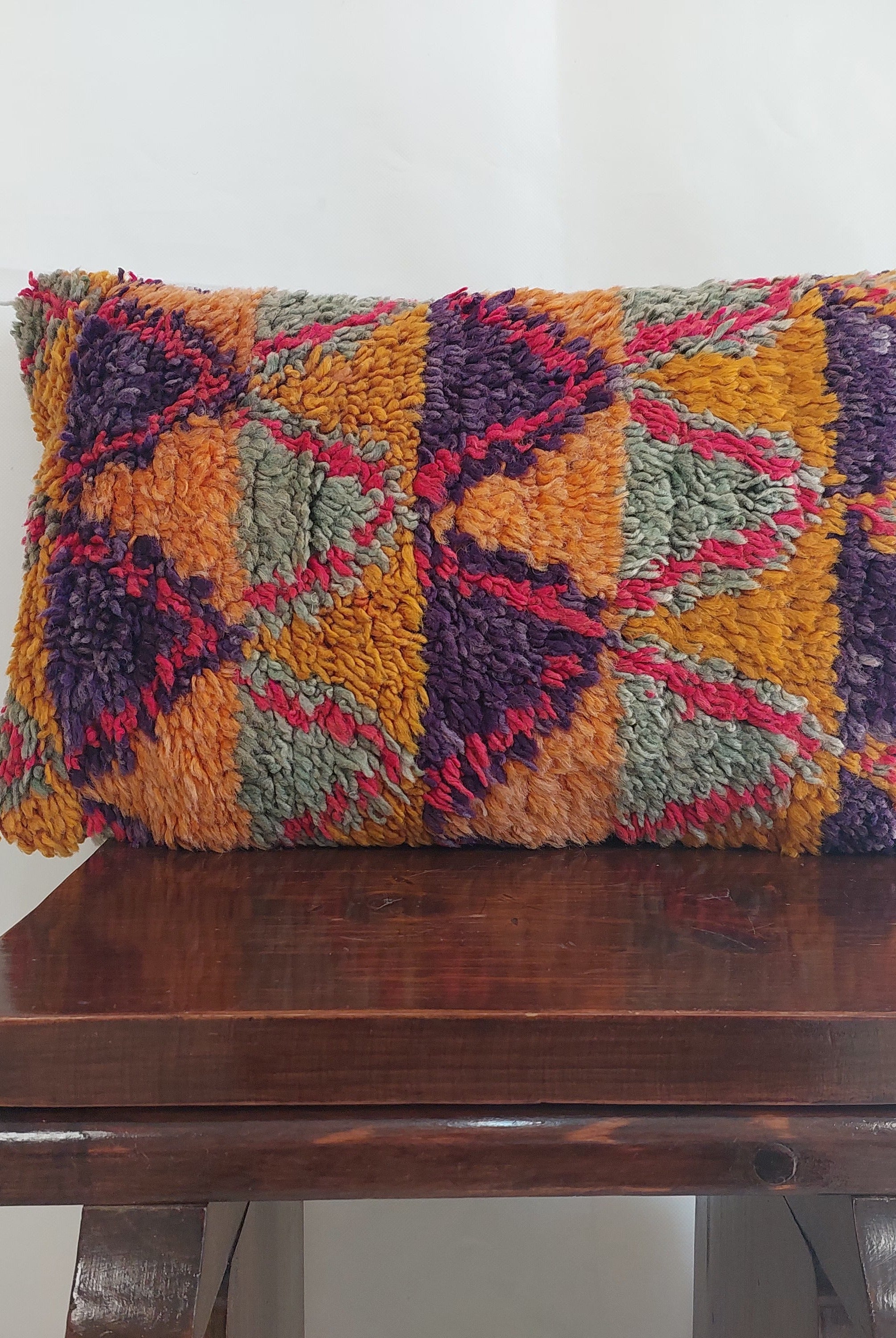 Aït Bou Ichaouen Moroccan Pillow - Handmade Berber Wool Cushion 14x24 - Vintage Colorful Boho Lumbar Pillow - Authentic Tribal Moroccan Deco MoroccanBazzArts