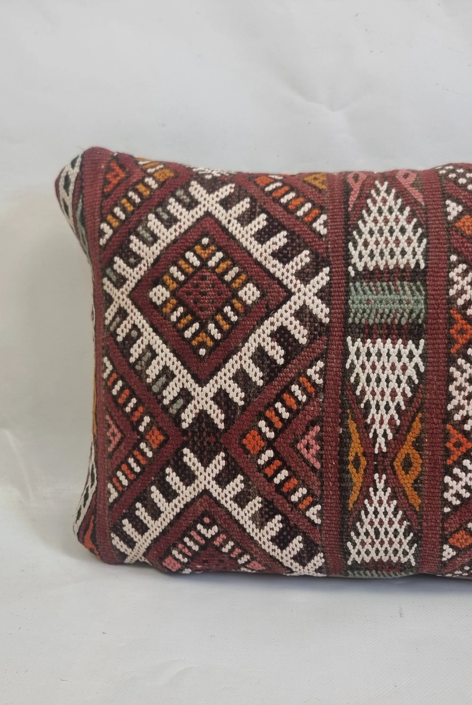 Authentic Moroccan Kilim Lumbar Pillow Cover 12x21" | Burgundy Geometric Boho Cushion | Handwoven Berber Tribal Throw Pillow 32x55cm MoroccanBazzArts