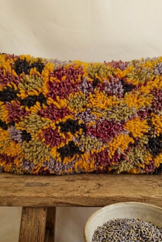 Authentic Aït Bou Ichaouen Berber Lumbar Pillow | Vintage Hand-Knotted Wool | 14" x 25" MoroccanBazzArts