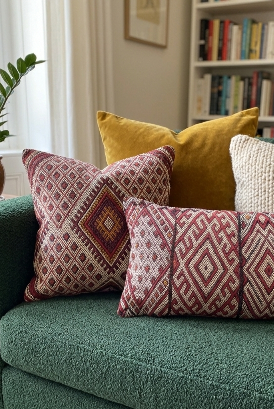 Green sofa with patterned cushions in a living room setting