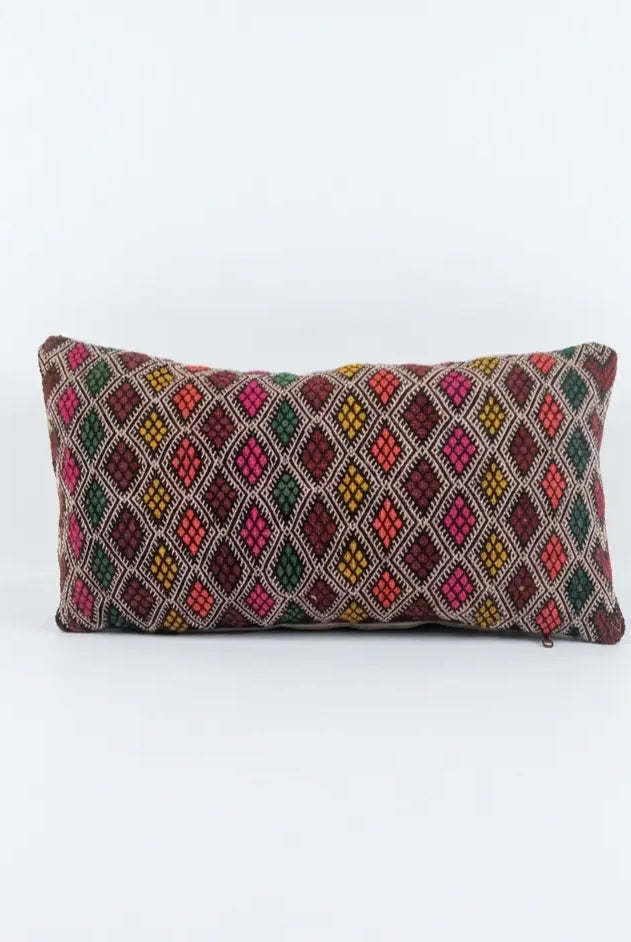 Handwoven Moroccan Kilim Lumbar Pillow Cover (13" x 22") – Colorful Geometric Boho Cushion MoroccanBazzArts