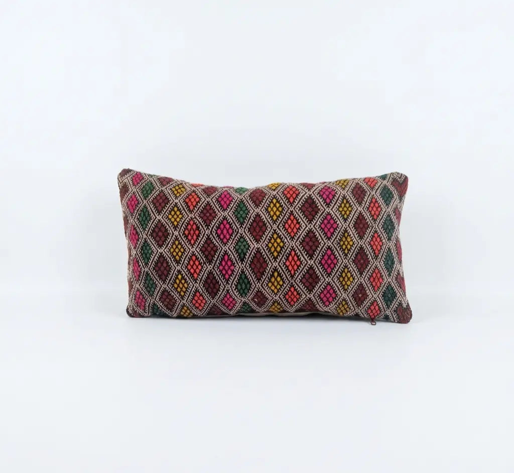 Handwoven Moroccan Kilim Lumbar Pillow Cover (13" x 22") – Colorful Geometric Boho Cushion MoroccanBazzArts