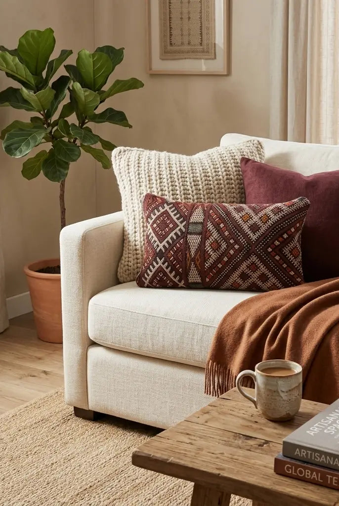 Cozy living room with a beige sofa, patterned pillows, and a wooden coffee table.
