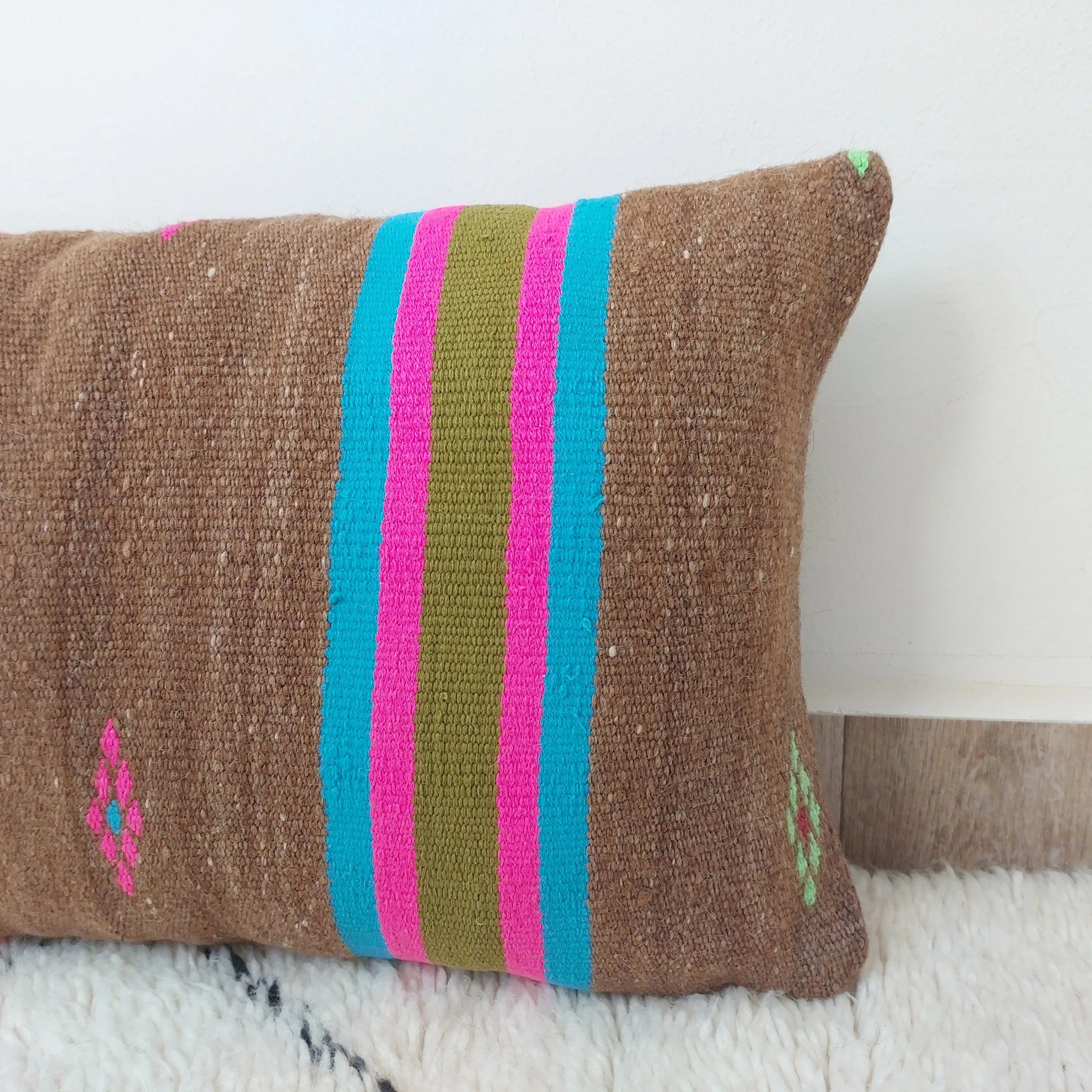 Set of 3 Vintage Boujaad Kilim Lumbar Pillow Covers 38x60 cm | Handwoven Brown Wool MoroccanBazzArts