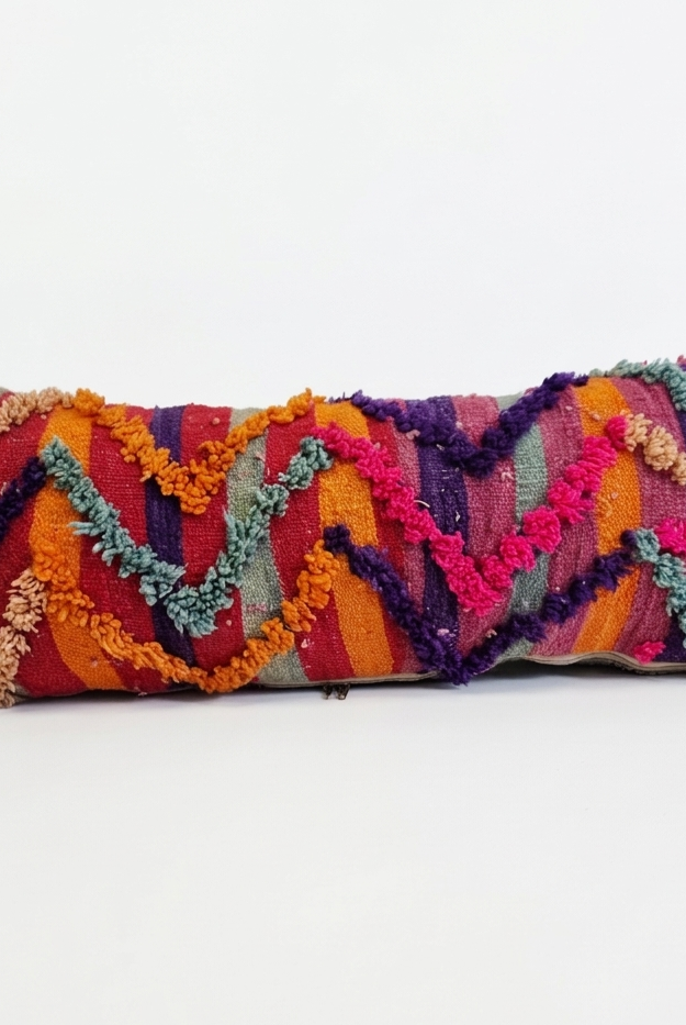 Vintage Authentic Talsint Lumbar Pillow Cover 13"x31" | Colorful Moroccan Berber knotted Cushion | Handmade Boho Decor MoroccanBazzArts.