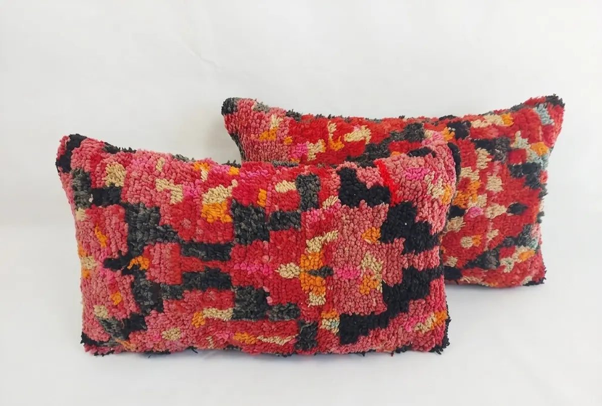 Authentic Aït Bou Ichaouen Moroccan Pillow 17x27 | Original Handmade Berber Wool Lumbar Cushion | Colorful Boho Textured Throw Pillow Cover MoroccanBazzArts
