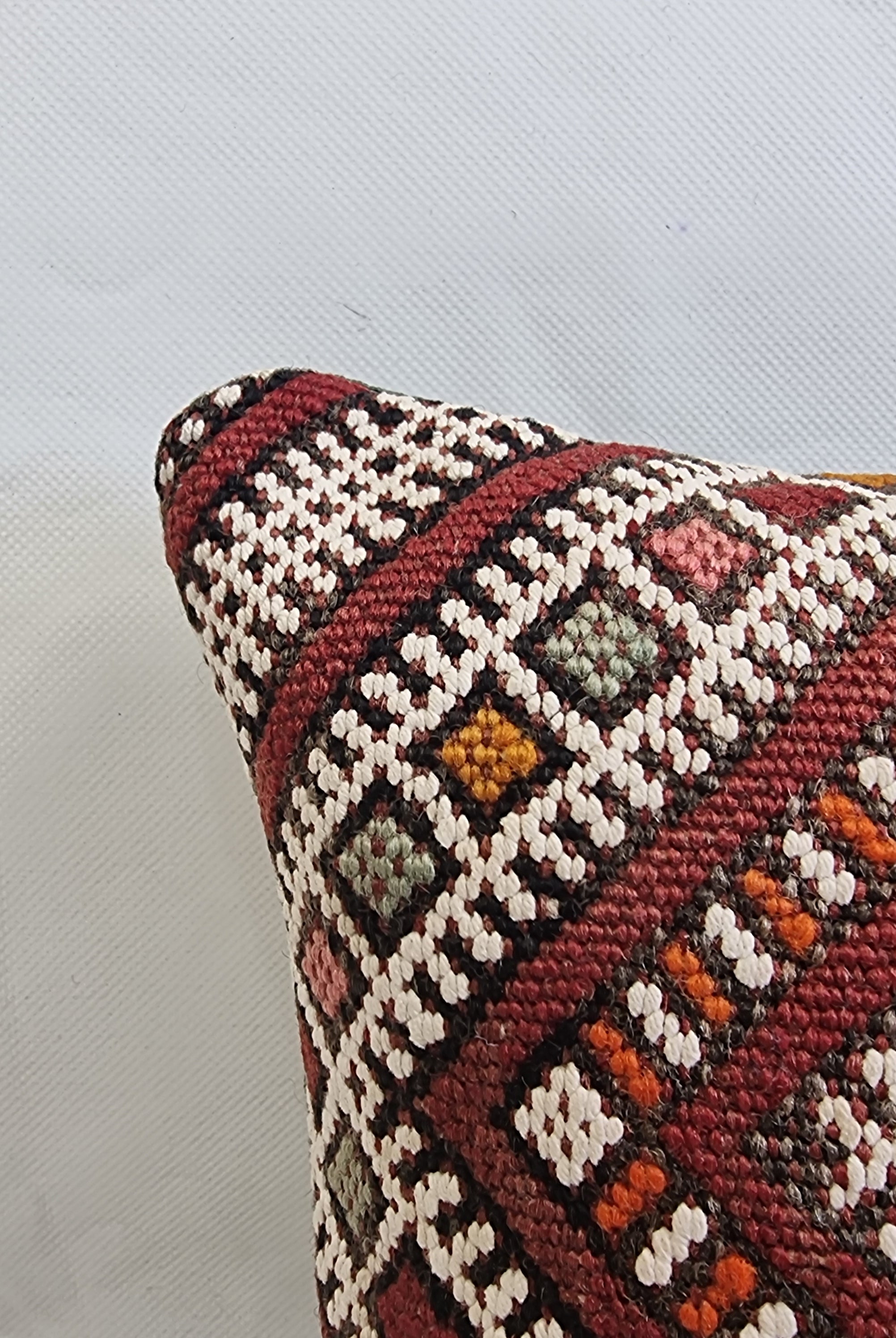 Authentic Moroccan Kilim Lumbar Pillow Cover 12x22" | Burgundy Geometric Boho Cushion | Handwoven Berber Tribal Throw Pillow 32x58cm MoroccanBazzArts