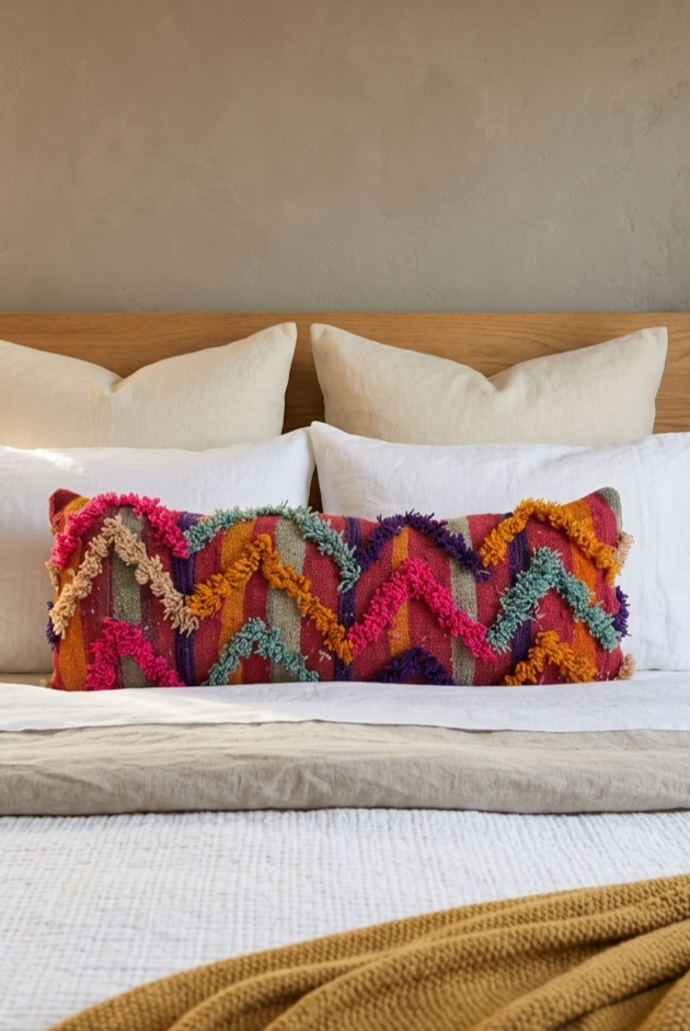 Vintage Authentic Talsint Lumbar Pillow Cover 13"x31" | Colorful Moroccan Berber knotted Cushion | Handmade Boho Decor MoroccanBazzArts