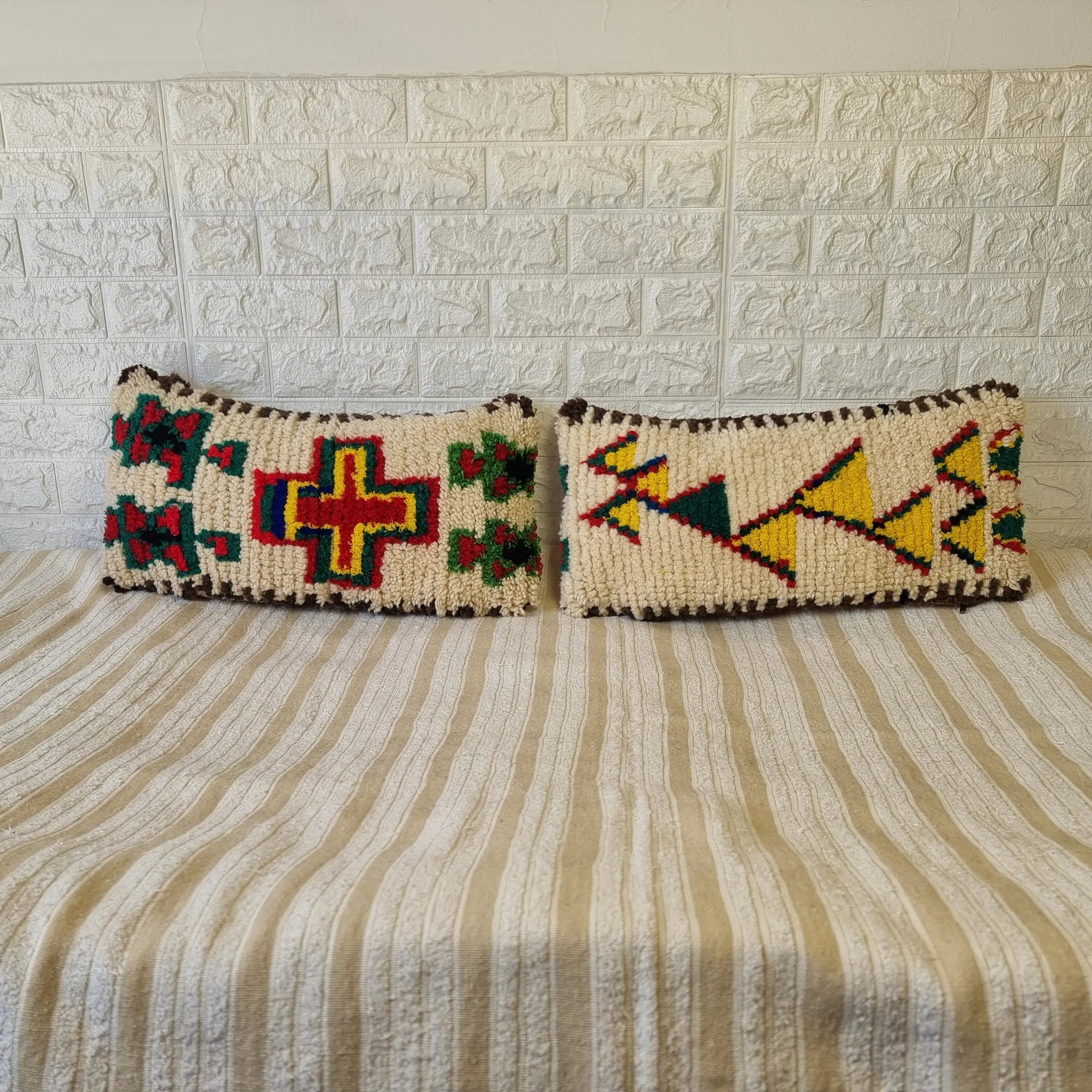 Authentic Talsint Moroccan Wool Lumbar Pillow Covers - Set of 2 (28x60 cm) | Handwoven Berber Cushion | Warm Minimalist Boho Decor MoroccanBazzArts