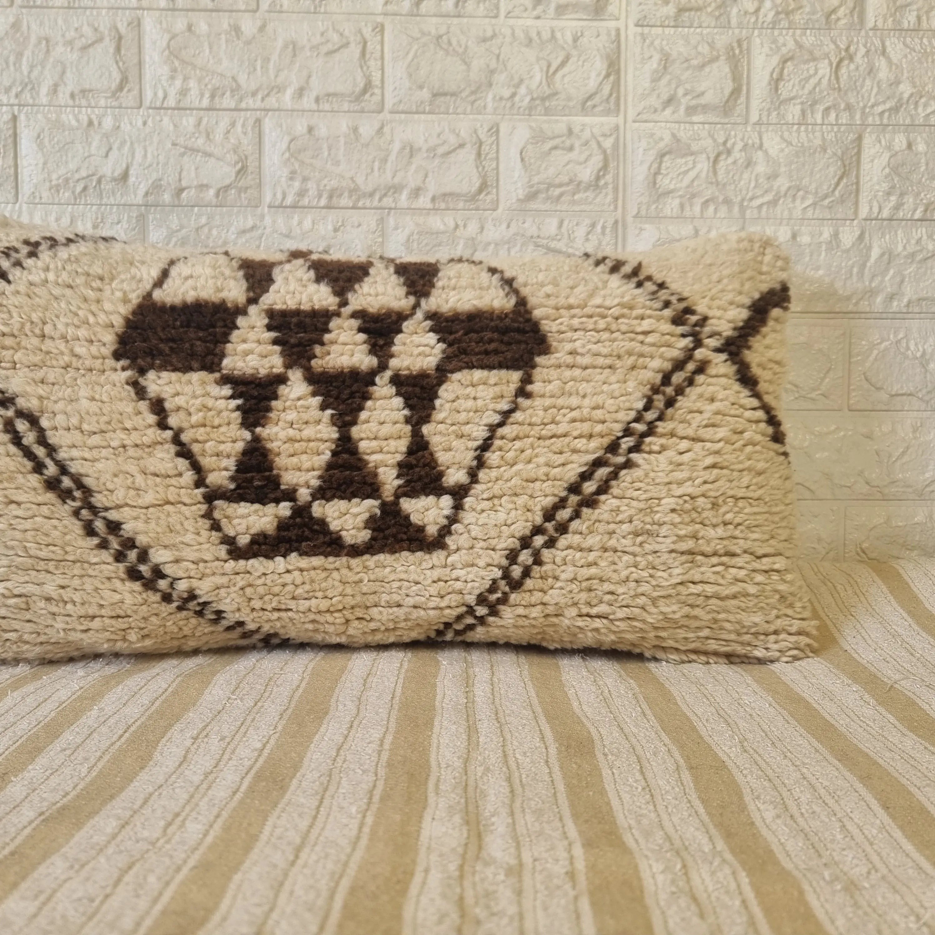 Authentic Moroccan Wool Lumbar Pillow Cover 35x70 cm | Natural Azilal Geometric Cushion | Boho handwoven Throw Pillow Case MoroccanBazzArts