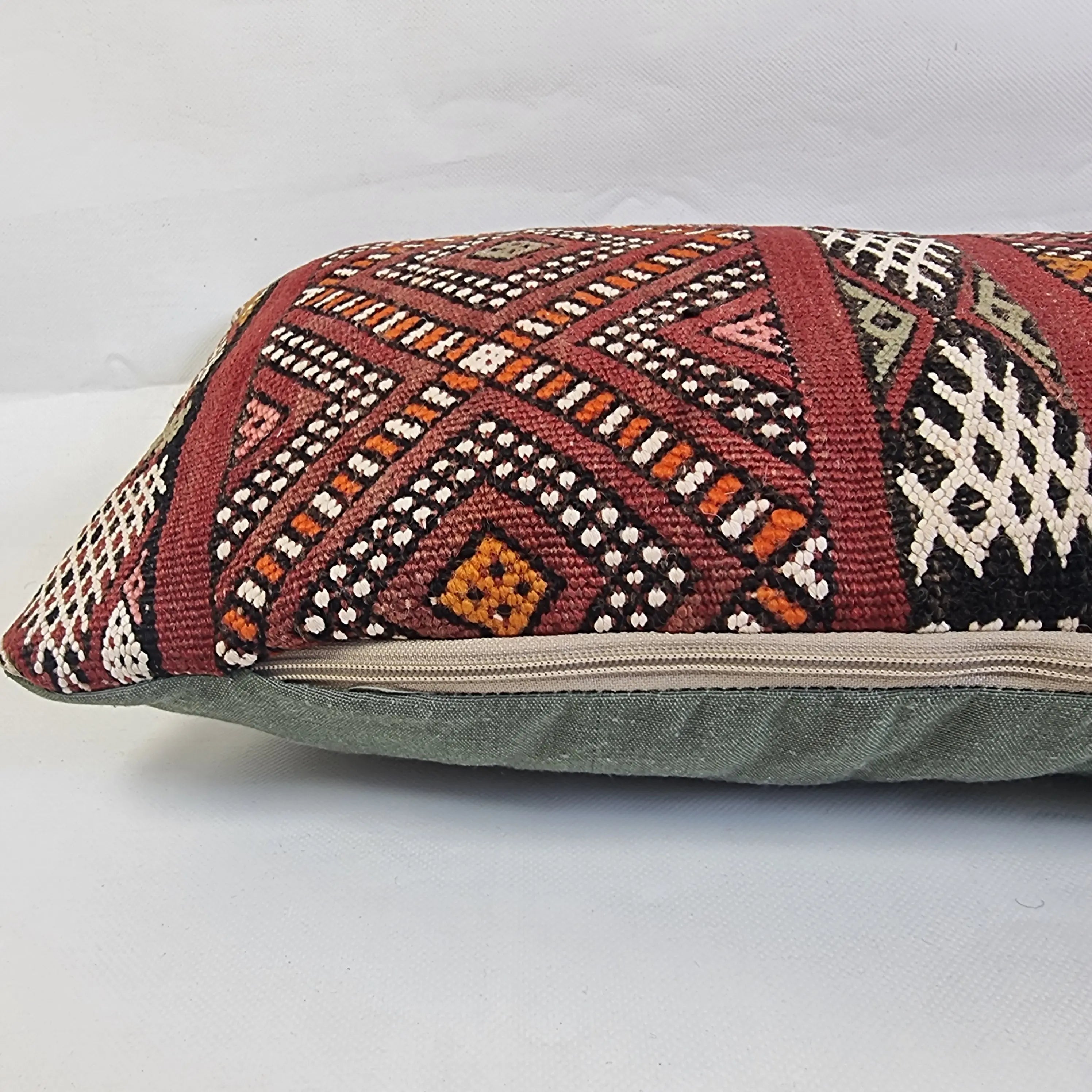 Authentic Moroccan Kilim Lumbar Pillow Cover 12x24" | Burgundy Geometric Boho Cushion | Handwoven Berber Tribal Throw Pillow 31x60 cm MoroccanBazzArts