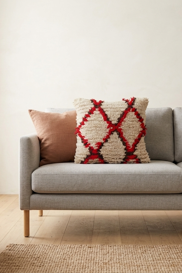 Vintage Moroccan Rug Pillow Cover | Handwoven Brown & Red Geometric Cushion | Boho Minimalist Decor | Shag Wool Throw Pillow Cover MoroccanBazzArts