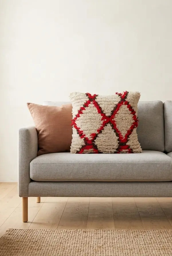 Vintage Moroccan Rug Pillow Cover | Handwoven Brown & Red Geometric Cushion | Boho Minimalist Decor | Shag Wool Throw Pillow Cover MoroccanBazzArts