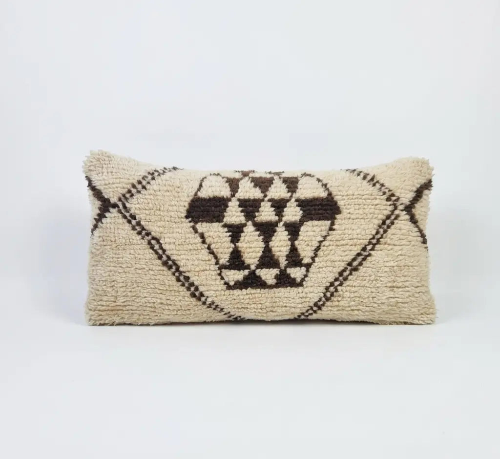 Authentic Moroccan Wool Lumbar Pillow Cover 35x70 cm | Natural Azilal Geometric Cushion | Boho handwoven Throw Pillow Case MoroccanBazzArts
