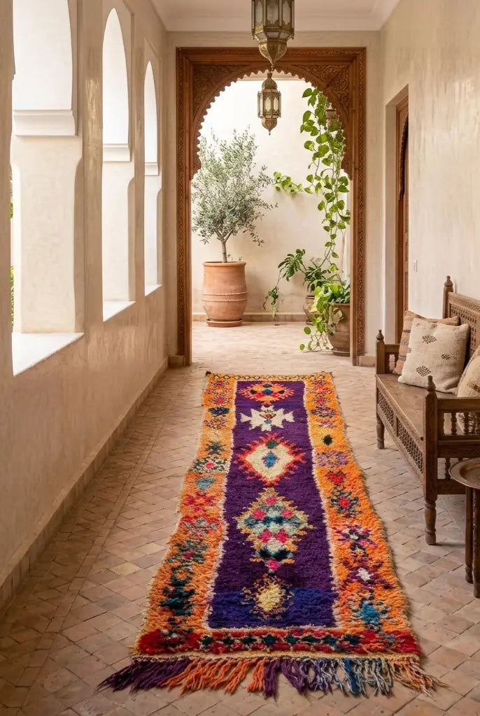 Vintage Colorful Boujaad Runner Rug - 8.10 x 2.8 Ft Irregular Handknotted Moroccan Hallway Rug MoroccanBazzArts