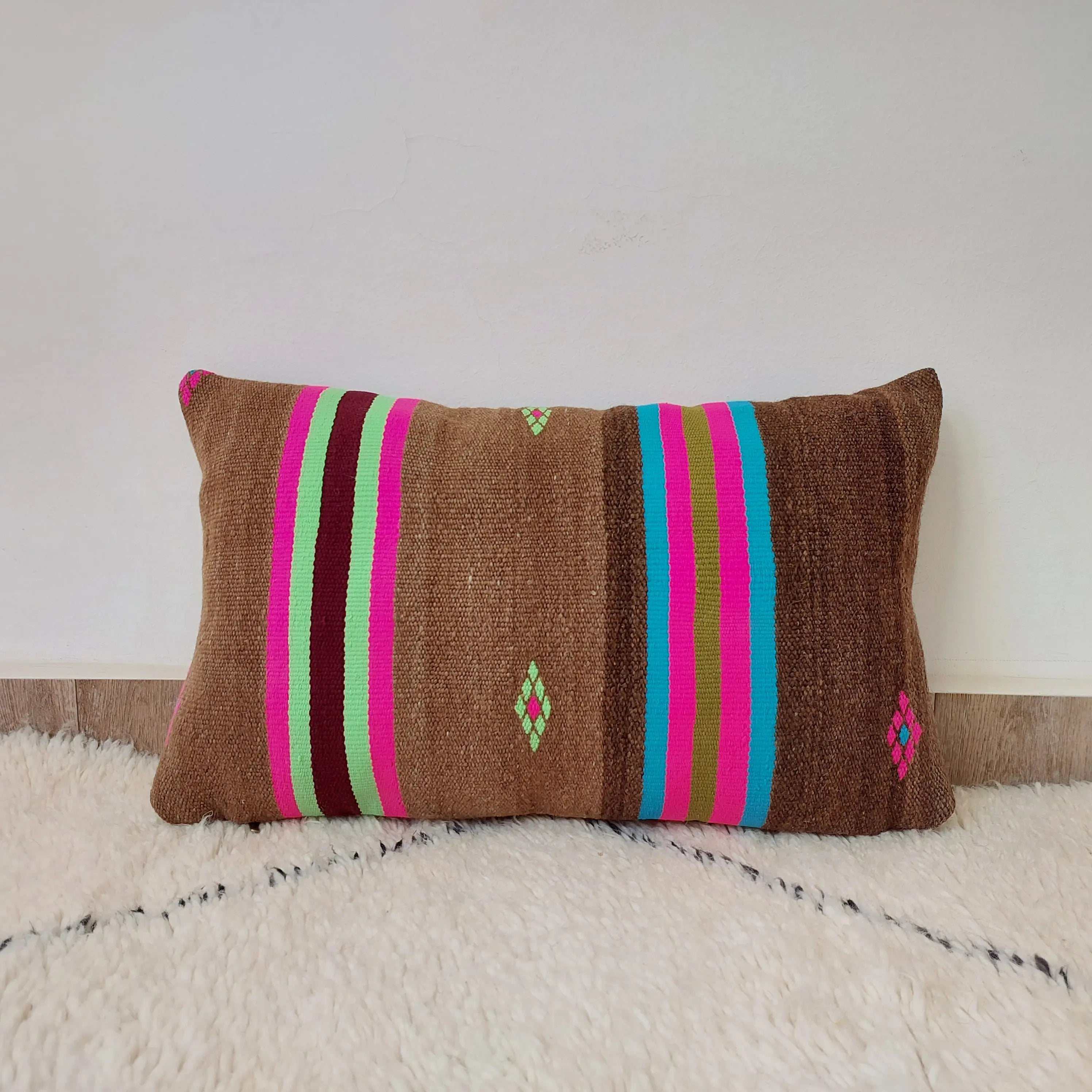 Set of 3 Vintage Boujaad Kilim Lumbar Pillow Covers 38x60 cm | Handwoven Brown Wool MoroccanBazzArts
