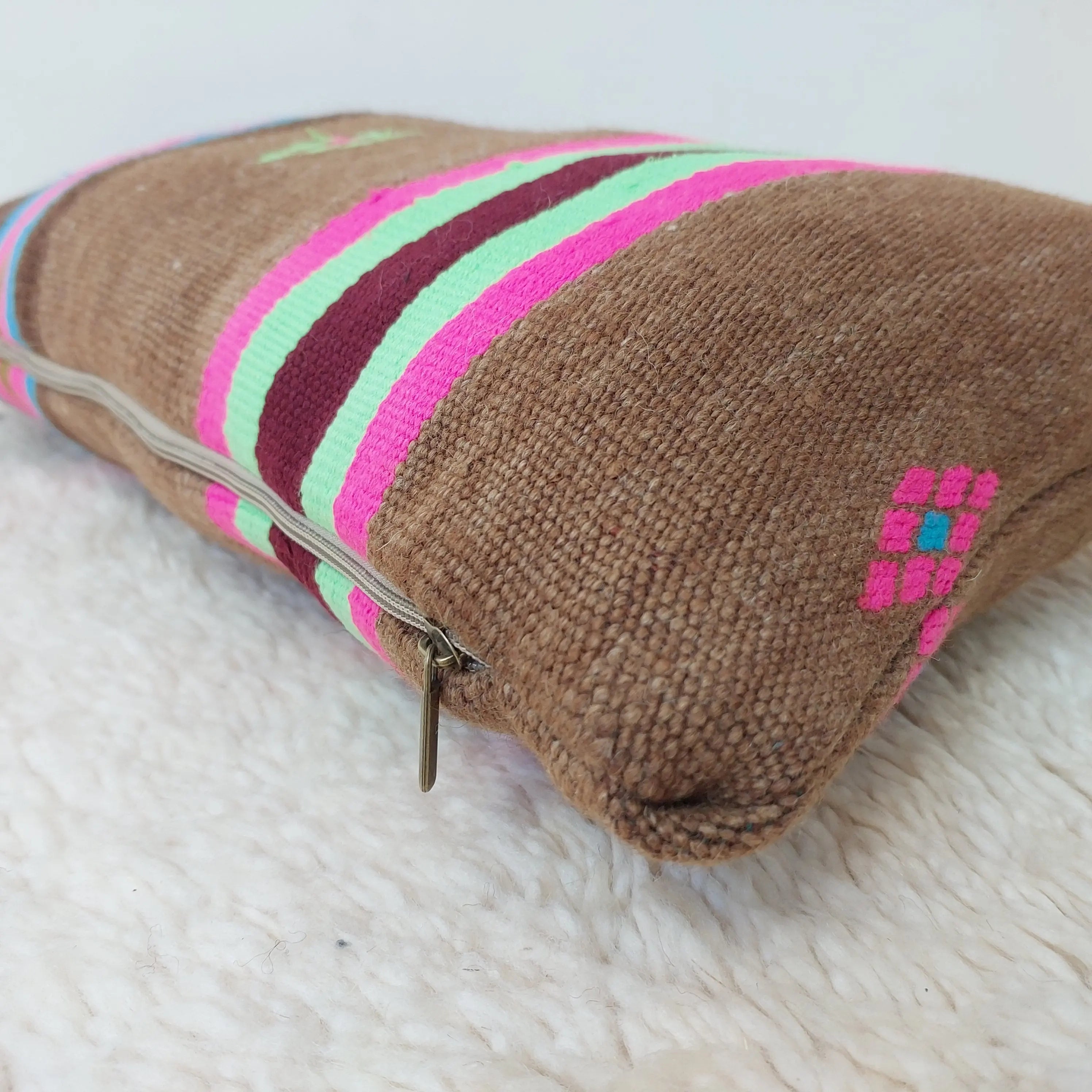 Set of 3 Vintage Boujaad Kilim Lumbar Pillow Covers 38x60 cm | Handwoven Brown Wool MoroccanBazzArts