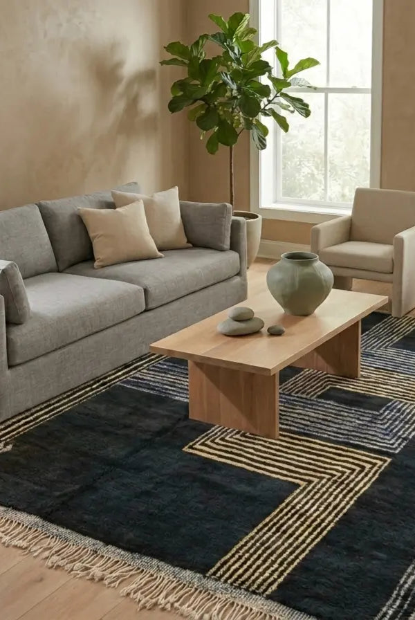 Contemporary Carpet Moroccan Wool Rug 10x14ft: Blue Beige Geometric Handknotted MoroccanBazzArts