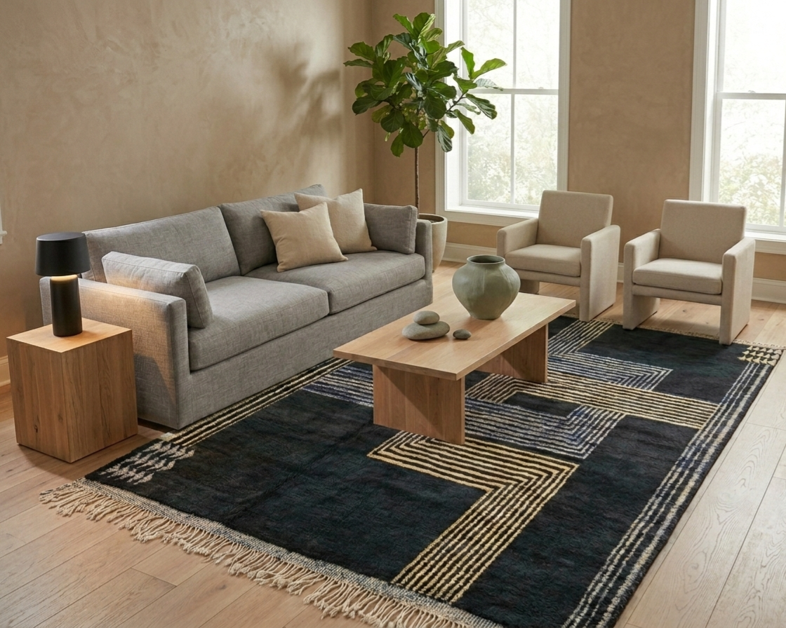 Contemporary Carpet Moroccan Wool Rug 10x14ft: Blue Beige Geometric Handknotted MoroccanBazzArts