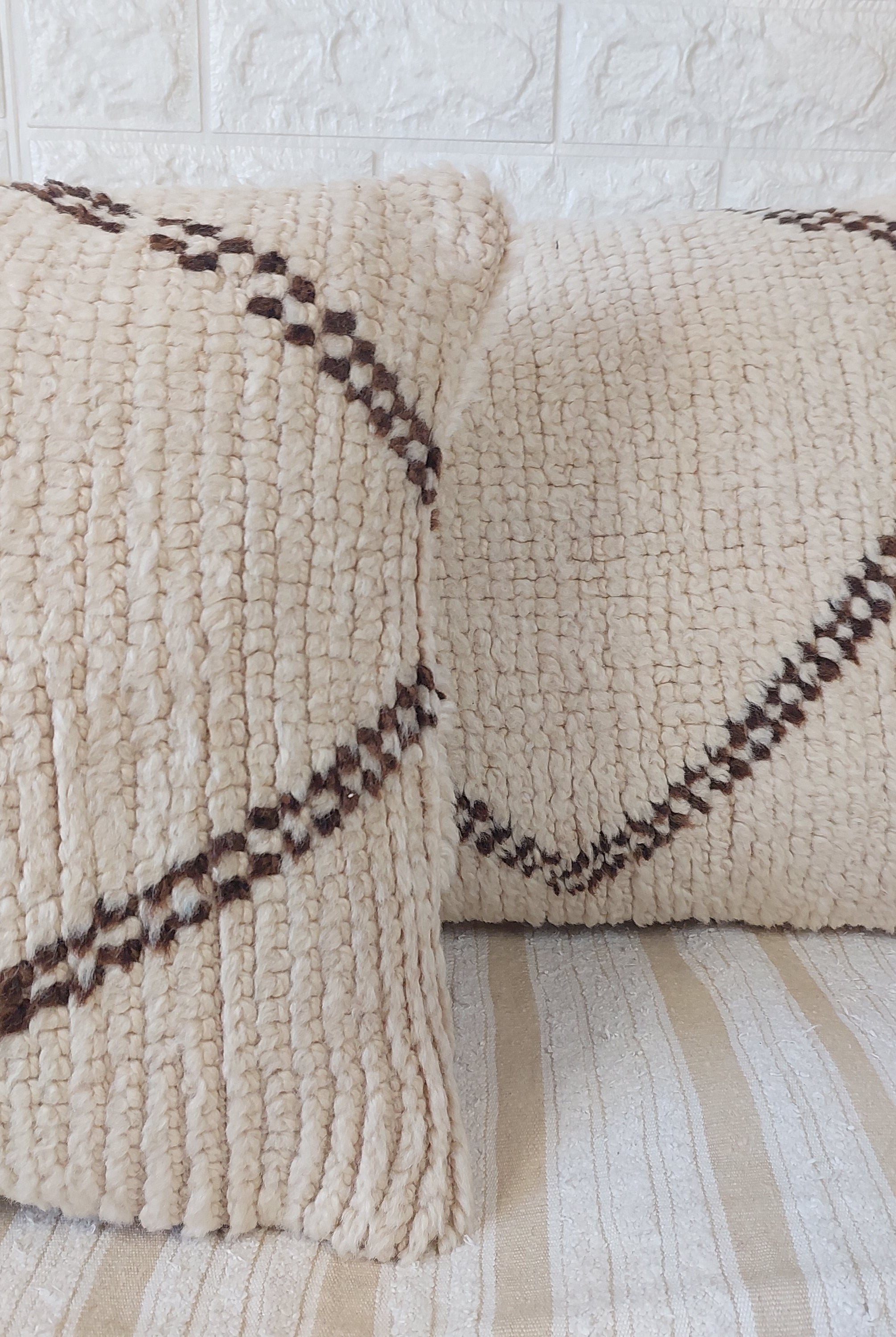 Set of 2 Vintage Azilal Moroccan Rug Pillows | 40x60 cm Ivory & Brown Undyed Wool Cushion Covers | Authentic Boho Lumbar Pillow Covers MoroccanBazzArts