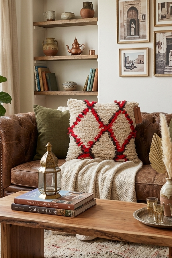 Vintage Moroccan Rug Pillow Cover | Handwoven Brown & Red Geometric Cushion | Boho Minimalist Decor | Shag Wool Throw Pillow Cover MoroccanBazzArts