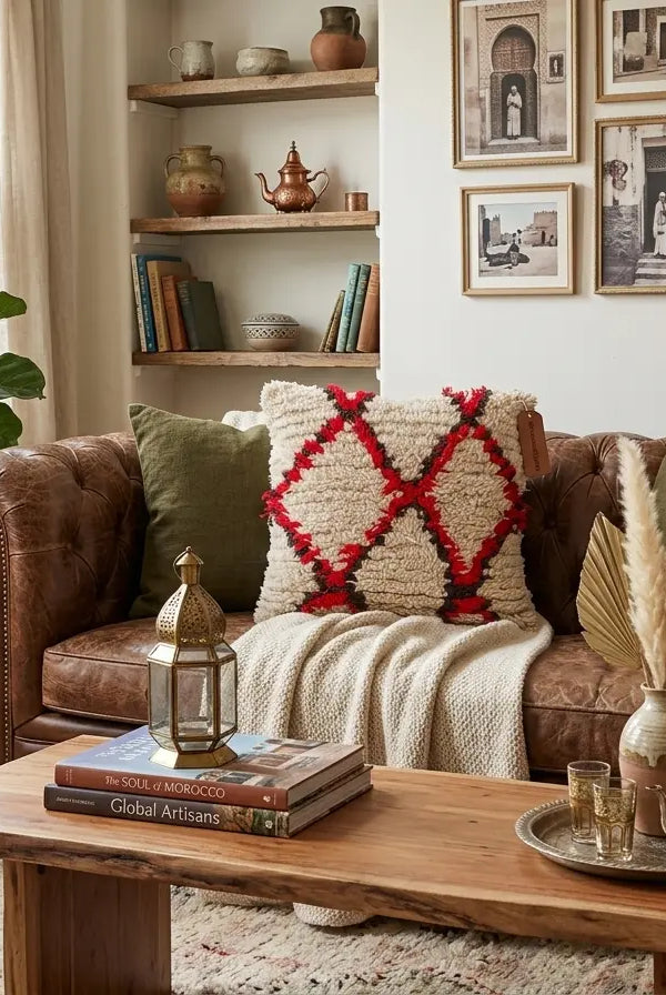 Vintage Moroccan Rug Pillow Cover | Handwoven Brown & Red Geometric Cushion | Boho Minimalist Decor | Shag Wool Throw Pillow Cover MoroccanBazzArts