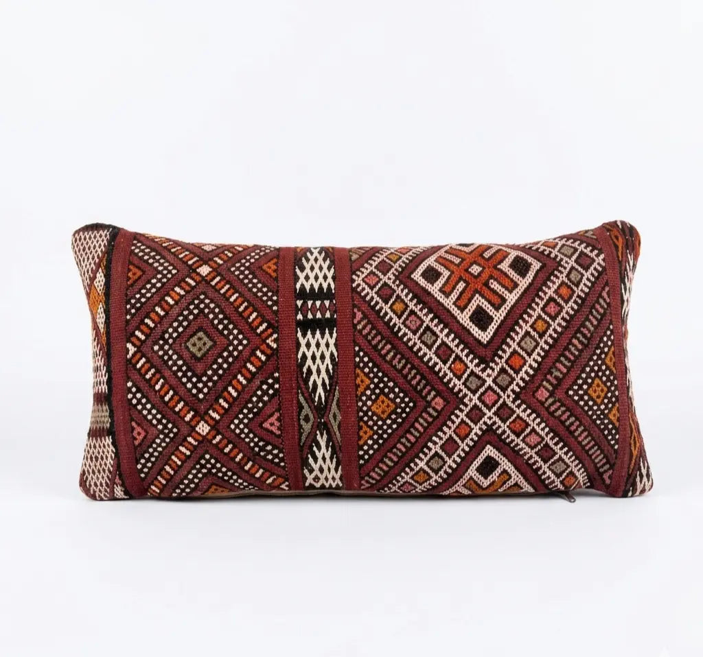 Authentic Moroccan Kilim Lumbar Pillow Cover 12x24" | Burgundy Geometric Boho Cushion | Handwoven Berber Tribal Throw Pillow 31x60 cm MoroccanBazzArts