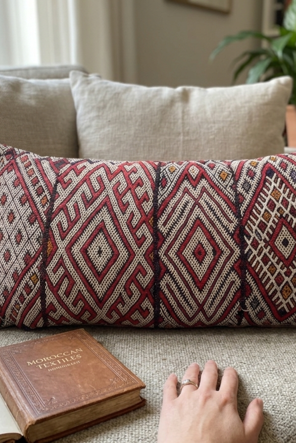 Decorative pillow with geometric pattern on a couch next to an open book