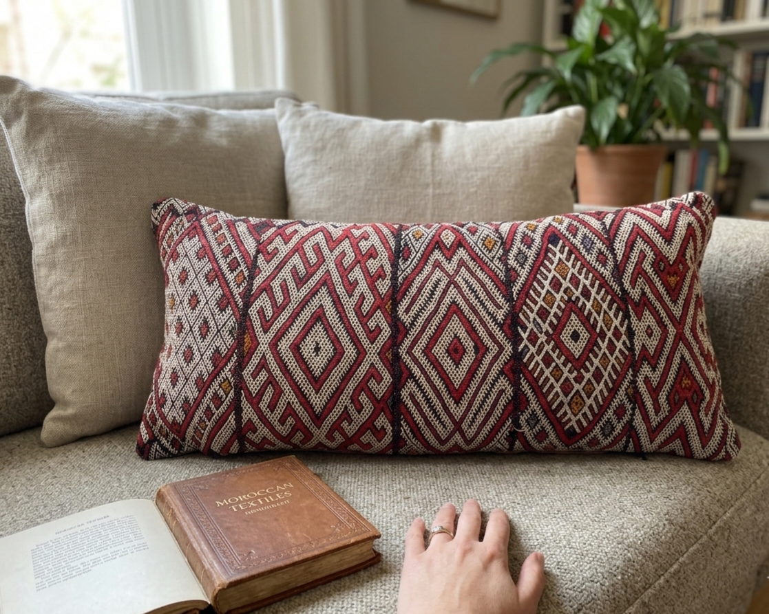 Decorative pillow with geometric pattern on a couch next to an open book