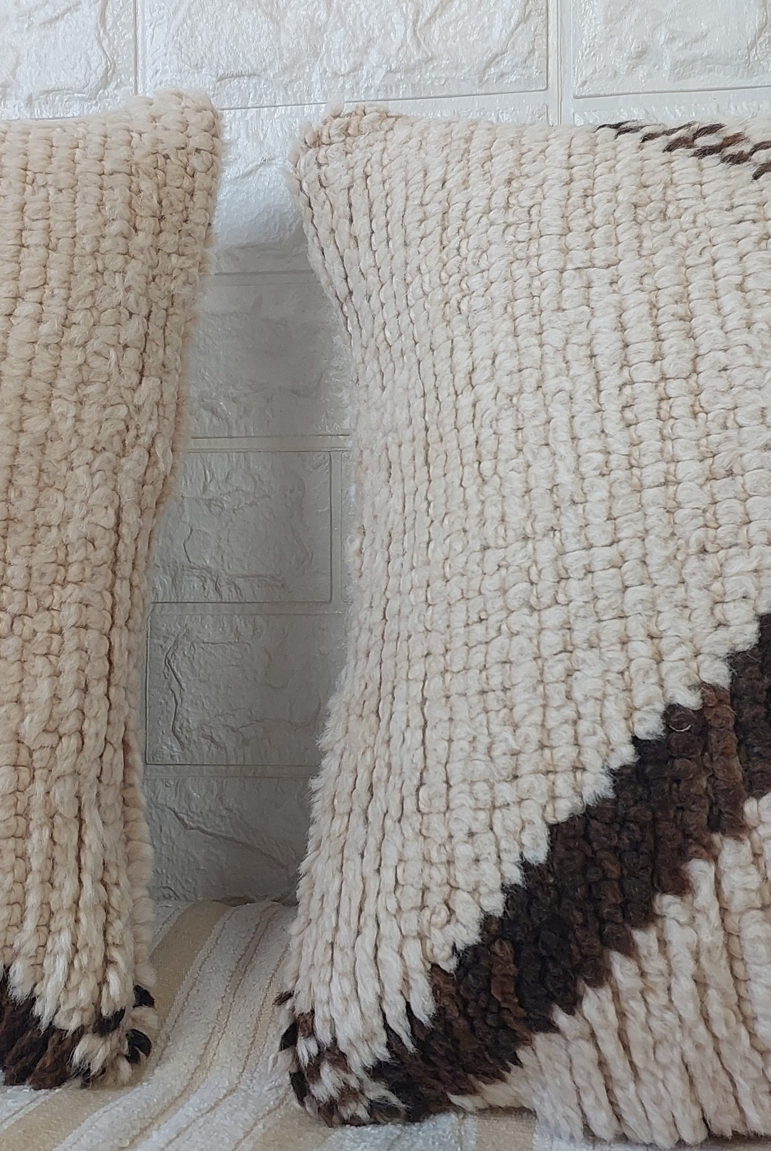 Set of 2 Vintage Azilal Moroccan Rug Pillows | 40x60 cm Ivory & Brown Undyed Wool Cushion Covers | Authentic Boho Lumbar Pillow Covers MoroccanBazzArts