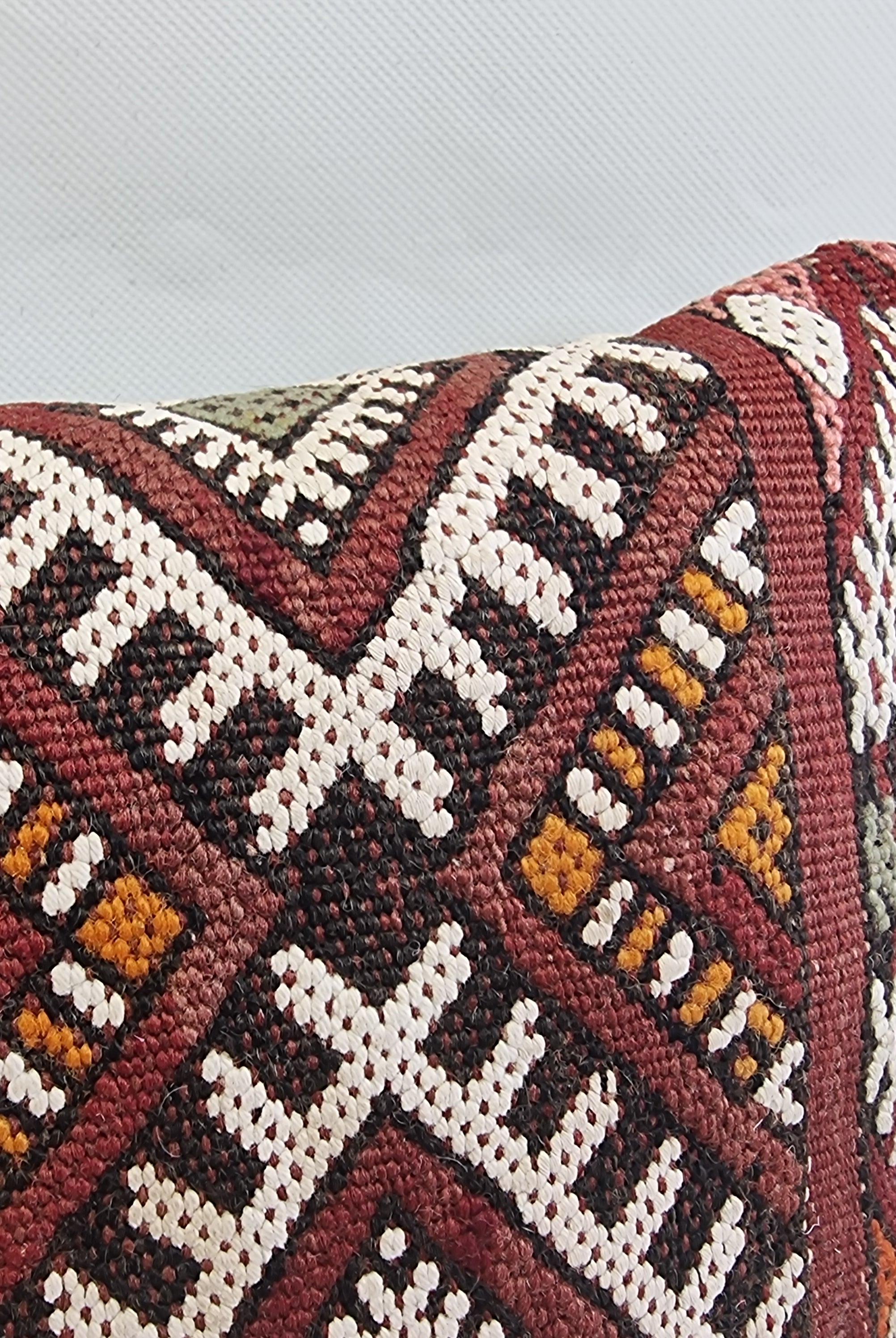 Authentic Moroccan Kilim Lumbar Pillow Cover 12x22" | Burgundy Geometric Boho Cushion | Handwoven Berber Tribal Throw Pillow 32x58cm MoroccanBazzArts