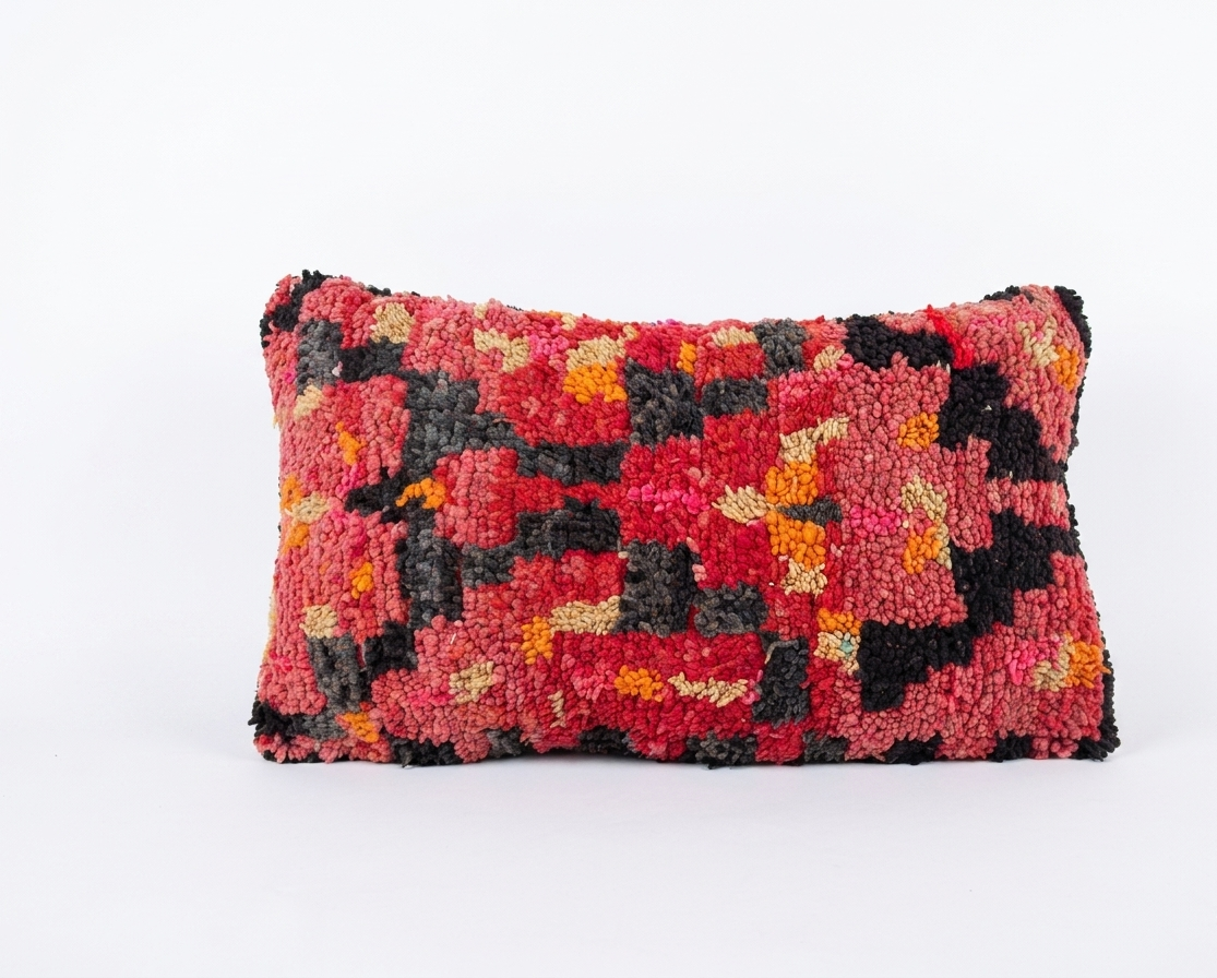 Authentic Aït Bou Ichaouen Moroccan Pillow 17x27 | Original Handmade Berber Wool Lumbar Cushion | Colorful Boho Textured Throw Pillow Cover MoroccanBazzArts