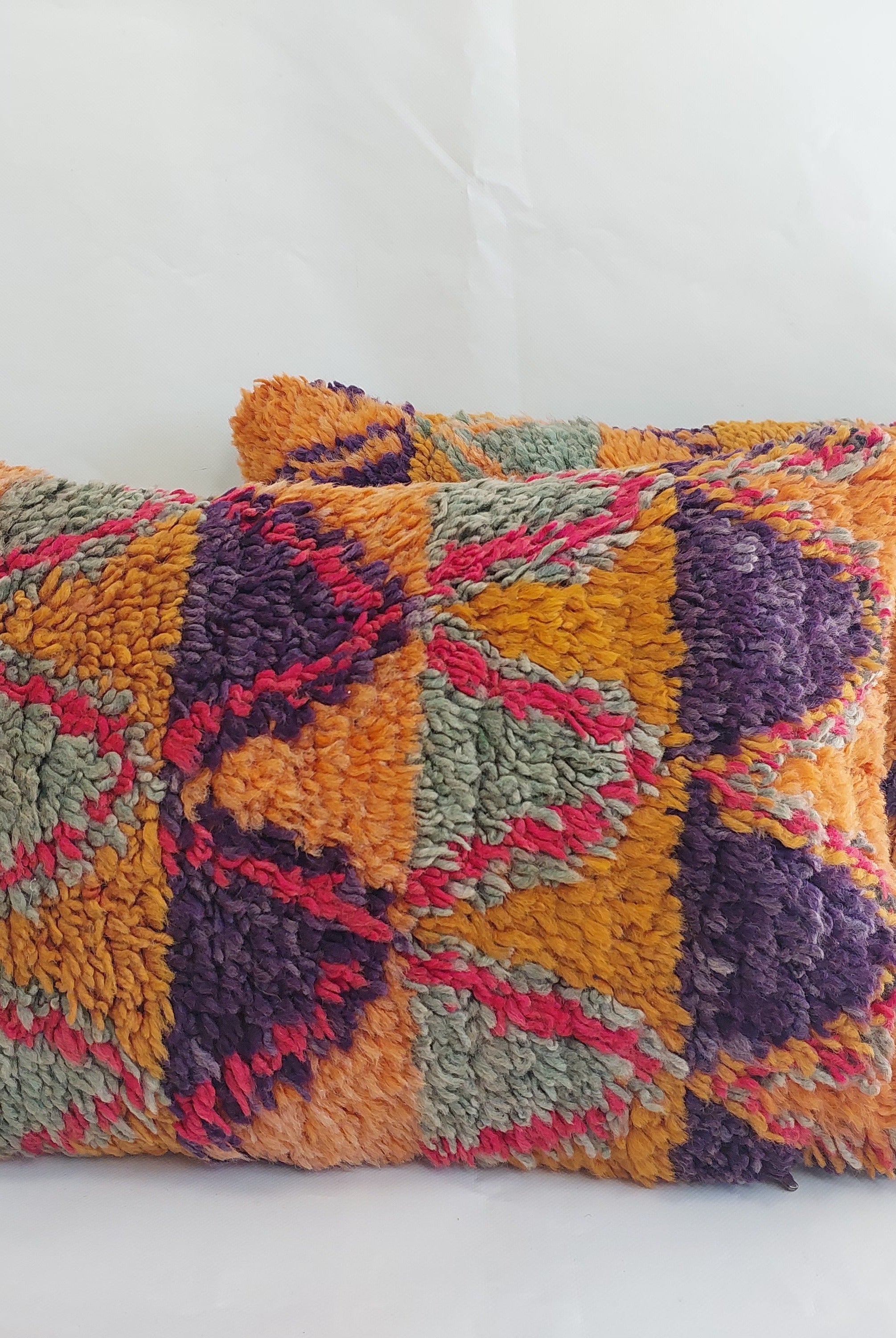 Aït Bou Ichaouen Moroccan Pillow - Handmade Berber Wool Cushion 14x24 - Vintage Colorful Boho Lumbar Pillow - Authentic Tribal Moroccan Deco MoroccanBazzArts
