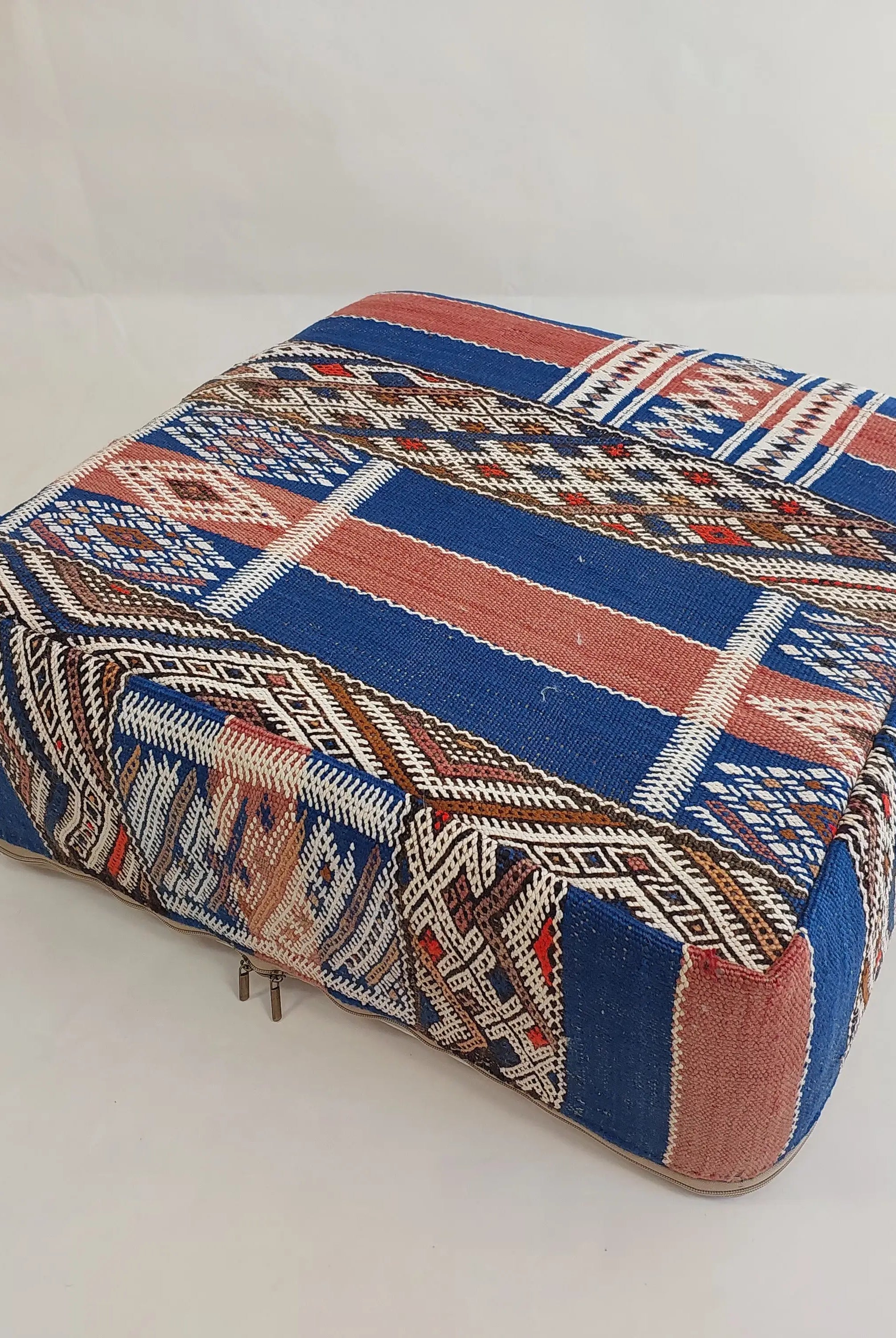 Vintage Berber Kilim Square Pouf – Authentic Moroccan Blue Ottoman & Boho Floor Pillow MoroccanBazzArts