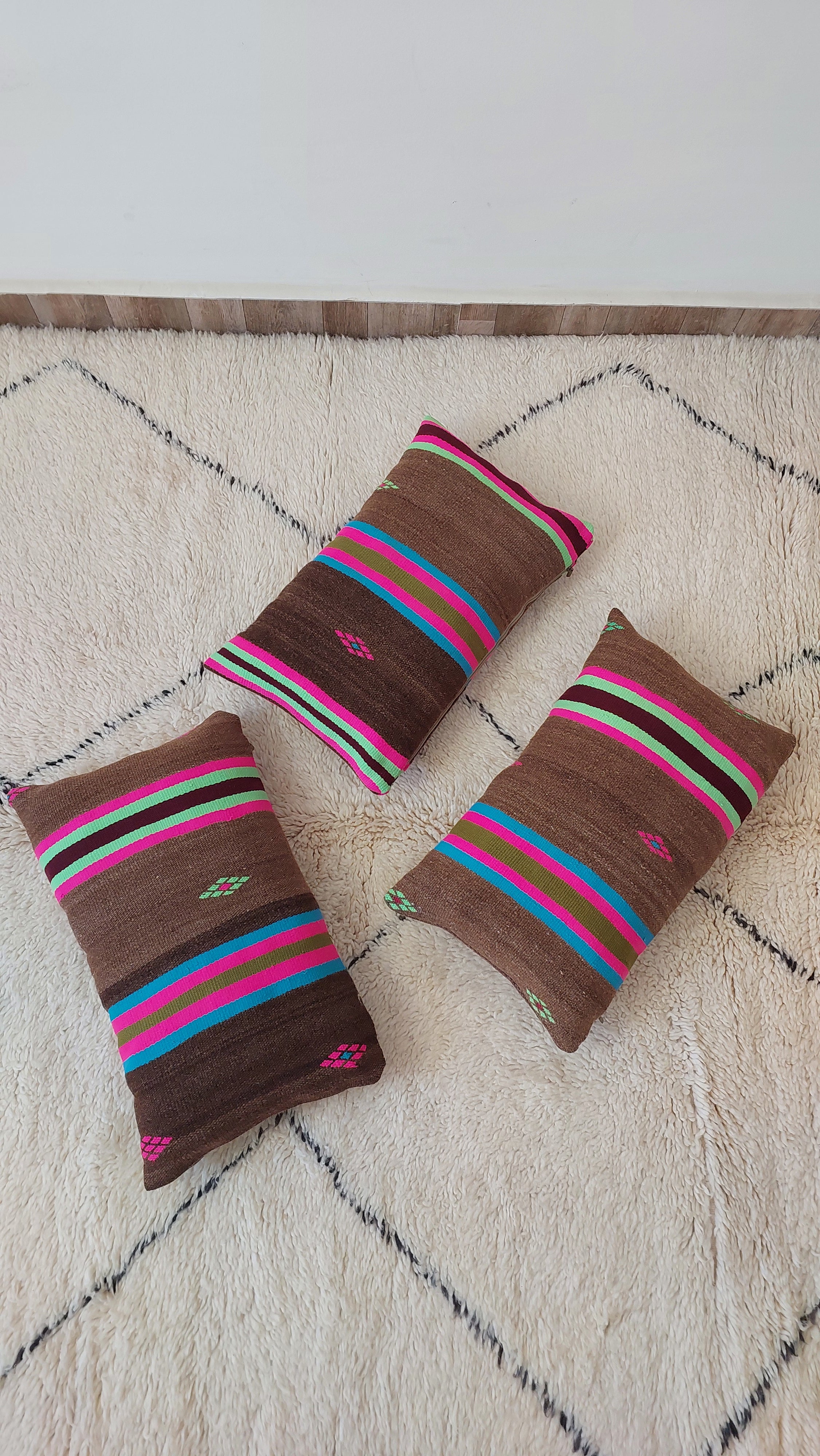 Set of 3 Vintage Boujaad Kilim Lumbar Pillow Covers 38x60 cm | Handwoven Brown Wool MoroccanBazzArts