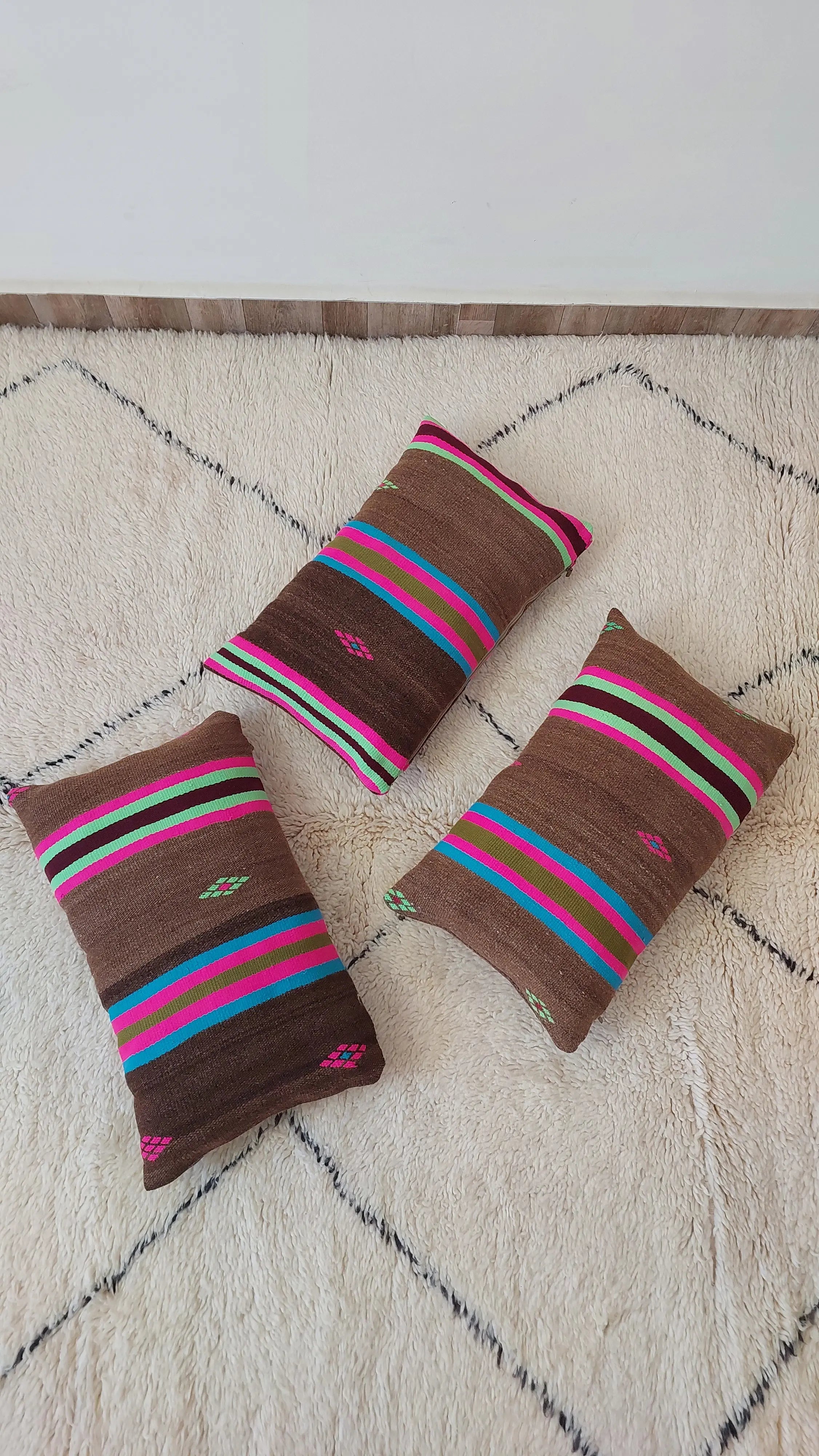 Set of 3 Vintage Boujaad Kilim Lumbar Pillow Covers 38x60 cm | Handwoven Brown Wool MoroccanBazzArts