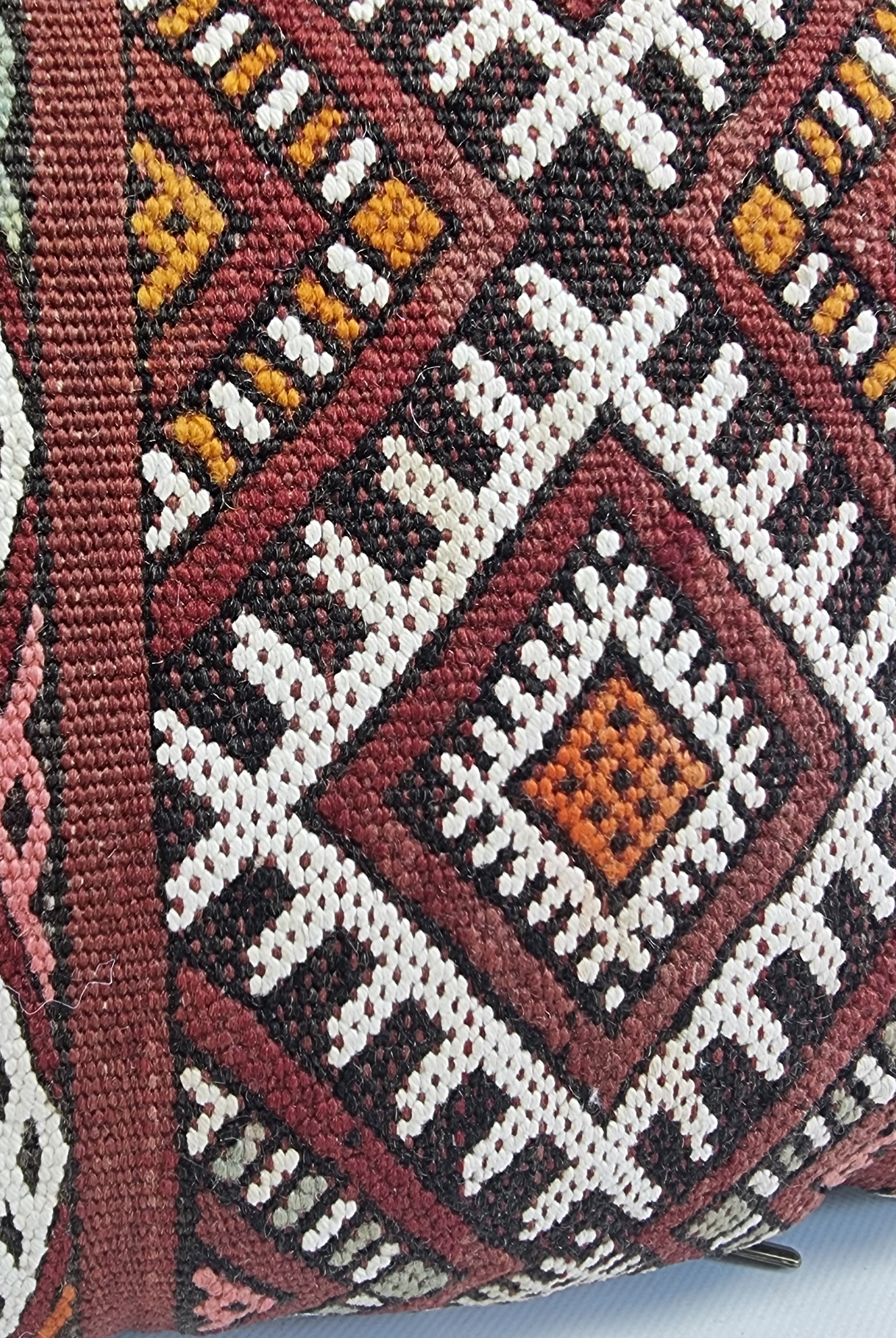 Authentic Moroccan Kilim Lumbar Pillow Cover 12x22" | Burgundy Geometric Boho Cushion | Handwoven Berber Tribal Throw Pillow 32x58cm MoroccanBazzArts