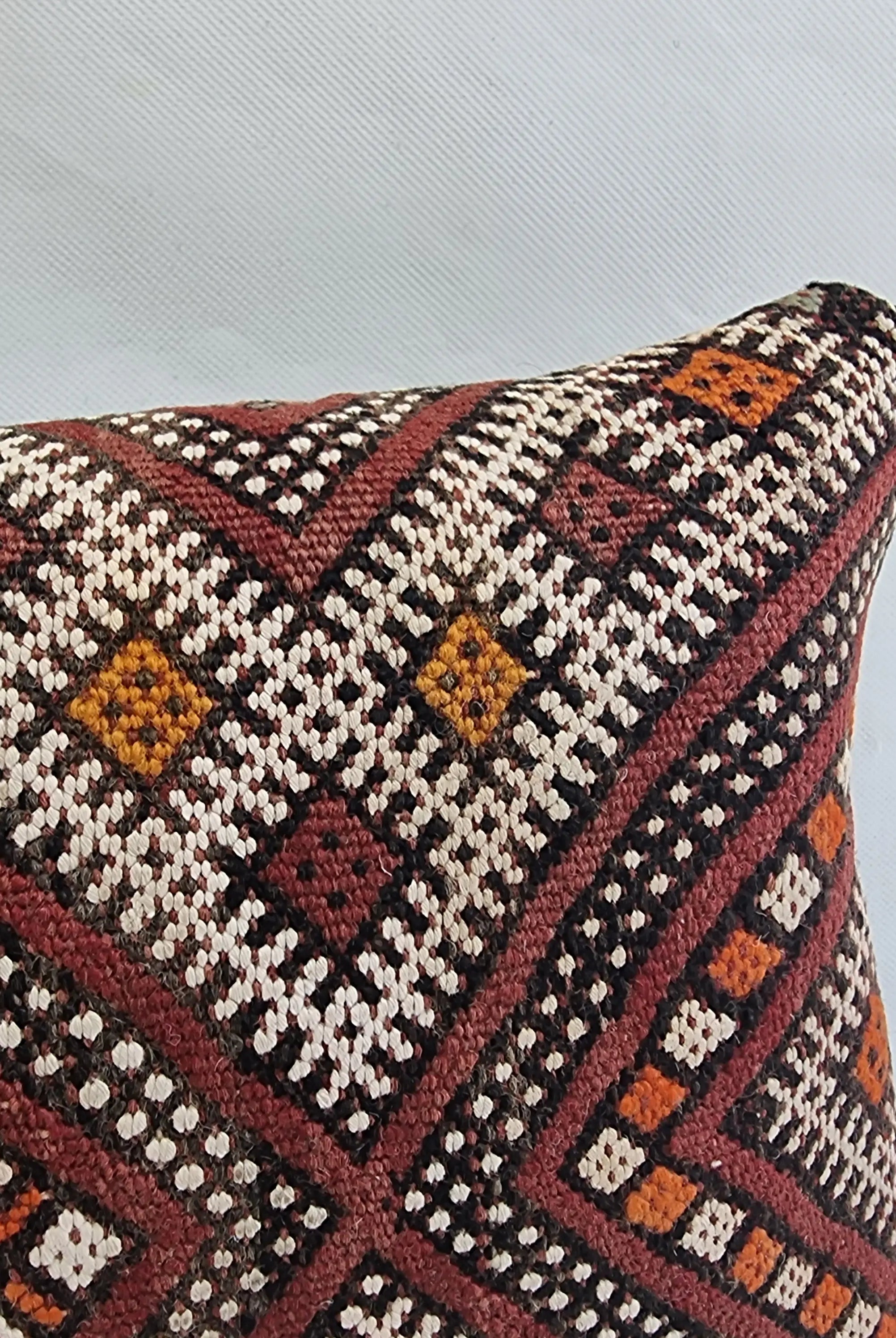 Authentic Moroccan Kilim Lumbar Pillow Cover 12x21" | Burgundy Geometric Boho Cushion | Handwoven Berber Tribal Throw Pillow 32x55cm MoroccanBazzArts